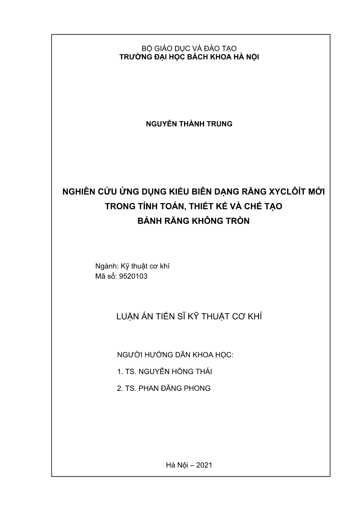 Luận án Nghiên cứu ứng dụng kiểu biên dạng răng xyclôít mới trong tính toán, thiết kế và chế tạo bánh răng không tròn trang 1