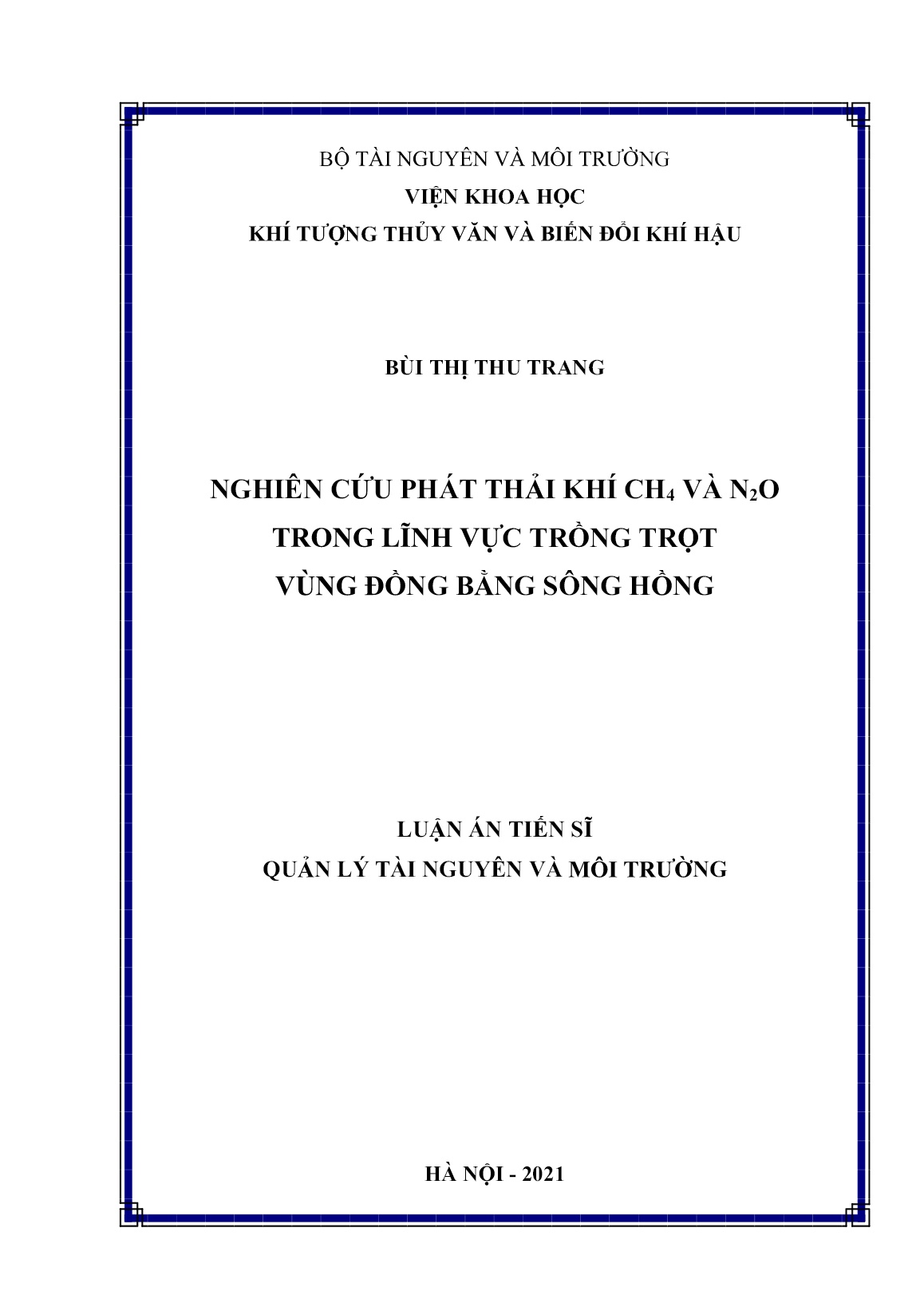 Luận án Nghiên cứu phát thải khí CH₄ và N₂O trong lĩnh vực trồng trọt vùng đồng bằng sông Hồng trang 1