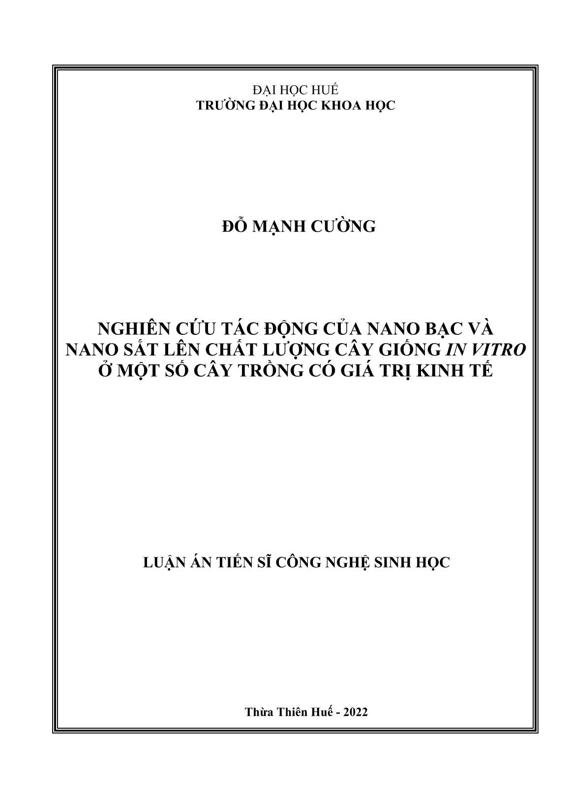 Luận án Nghiên cứu tác động của nano bạc và nano sắt lên chất lượng cây giống in vitro ở một số cây trồng có giá trị kinh tế trang 1