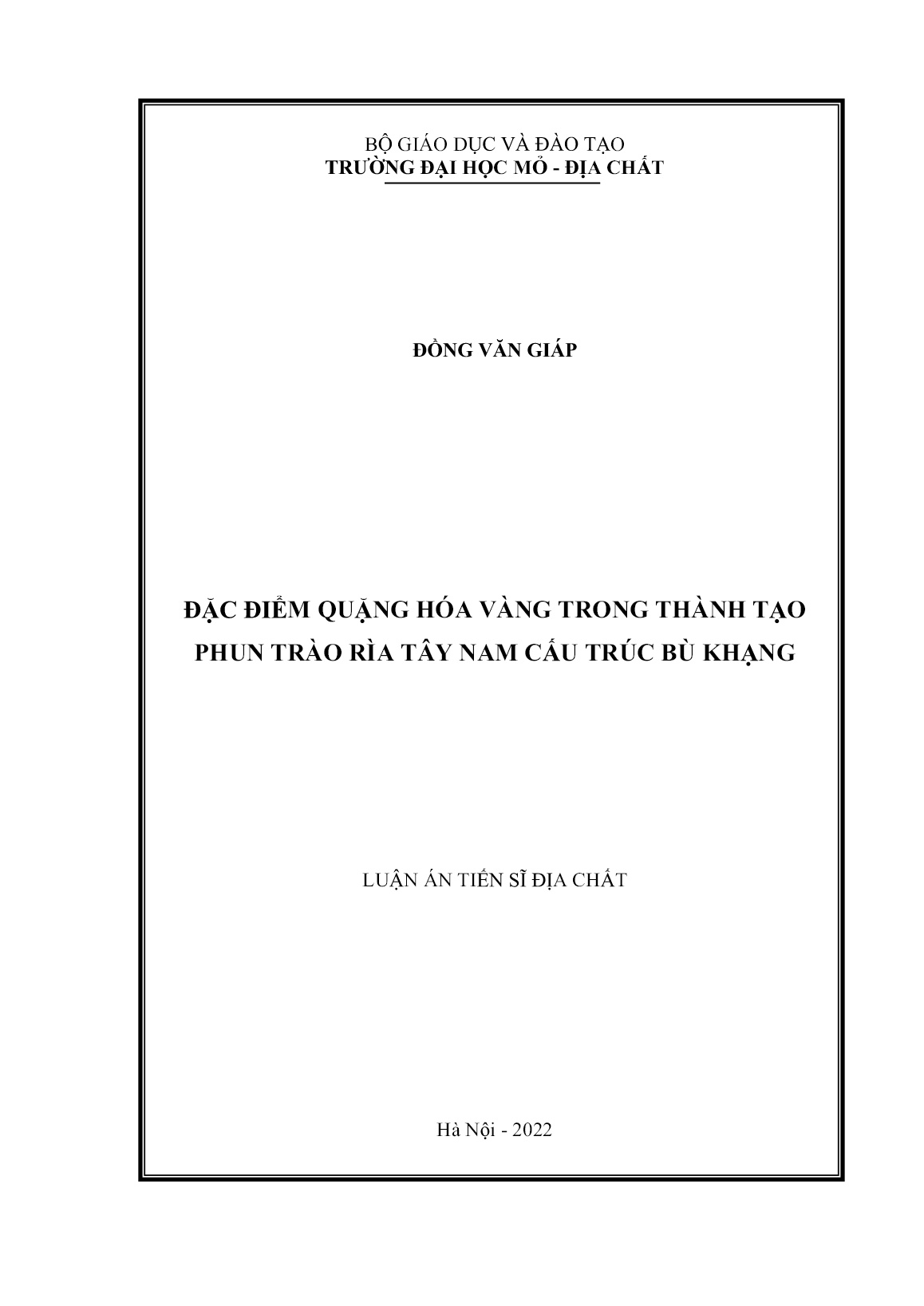 Luận án Đặc điểm quặng hóa vàng trong thành tạo phun trào rìa tây nam cấu trúc bù khạng trang 1