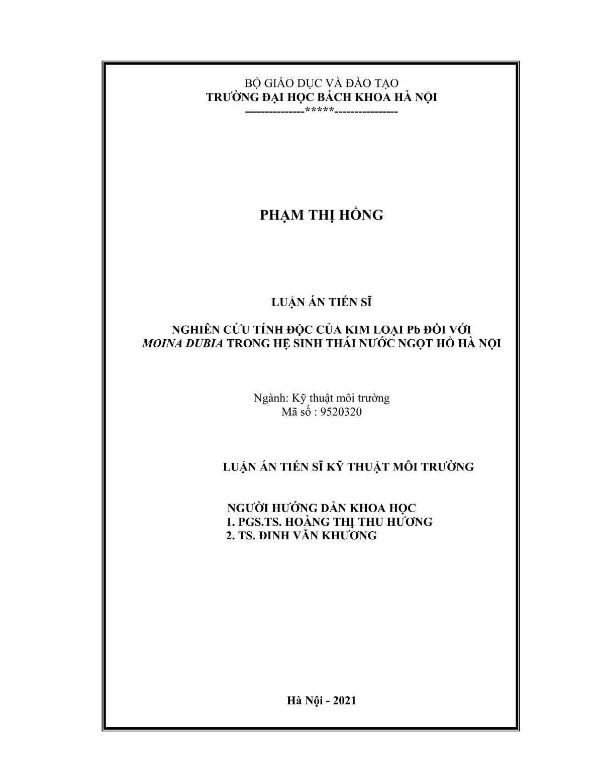 Luận án Nghiên cứu tính độc của kim loại Pb đối với moina dubia trong hệ sinh thái nước ngọt hồ Hà Nội trang 2