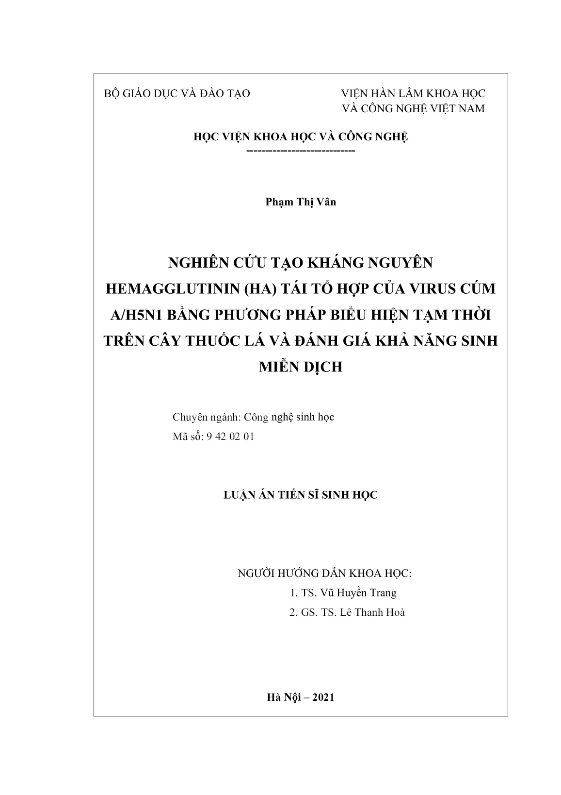 Luận án Nghiên cứu tạo kháng nguyên Hemagglutinin (HA) tái tổ hợp của virus cúm A/H5N1 bằng phương pháp biểu hiện tạm thời trên cây thuốc lá và đánh giá khả năng sinh miễn dịch trang 2