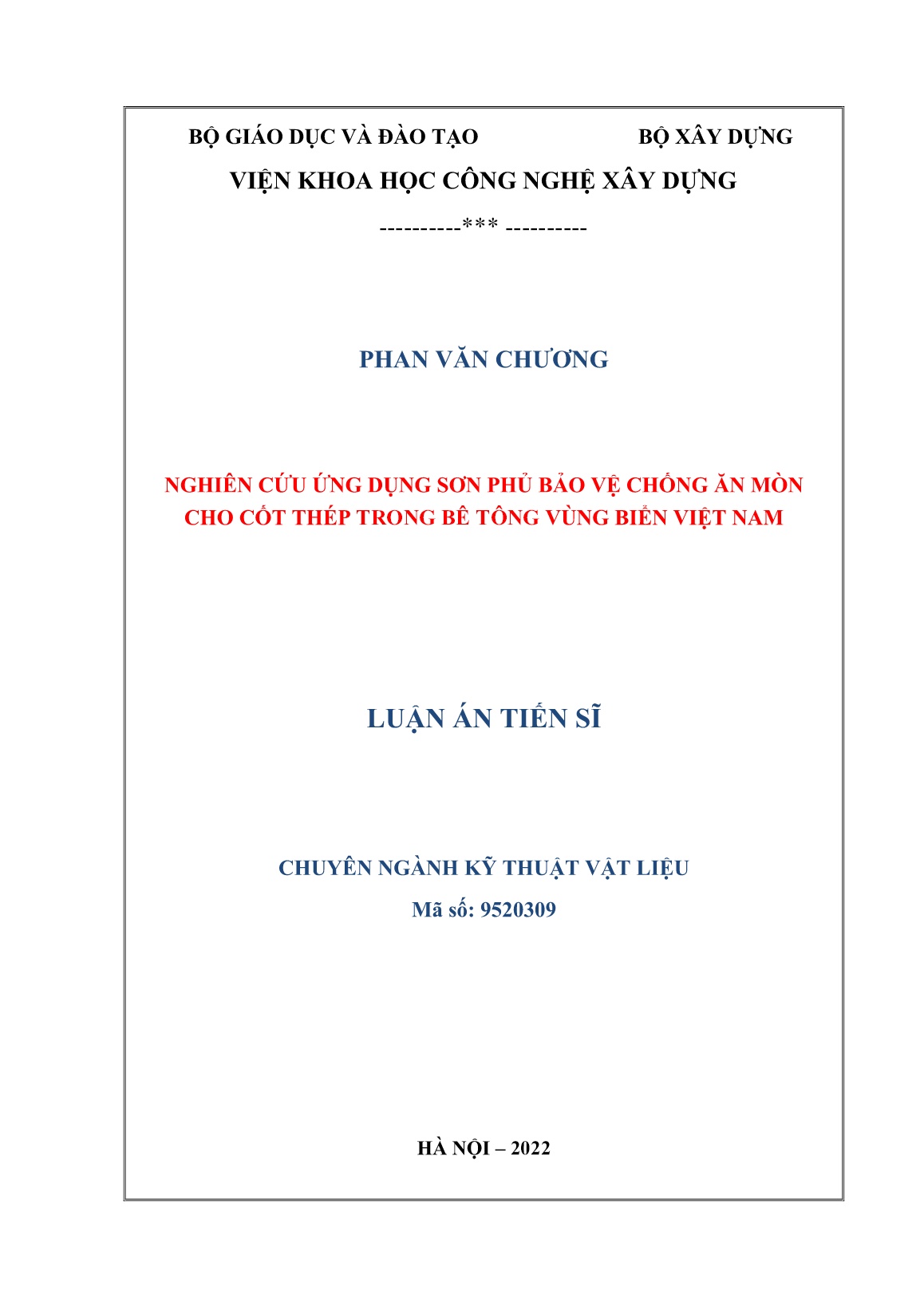 Luận án Nghiên cứu ứng dụng sơn phủ bảo vệ chống ăn mòn cho cốt thép trong bê tông vùng biển Việt Nam trang 1