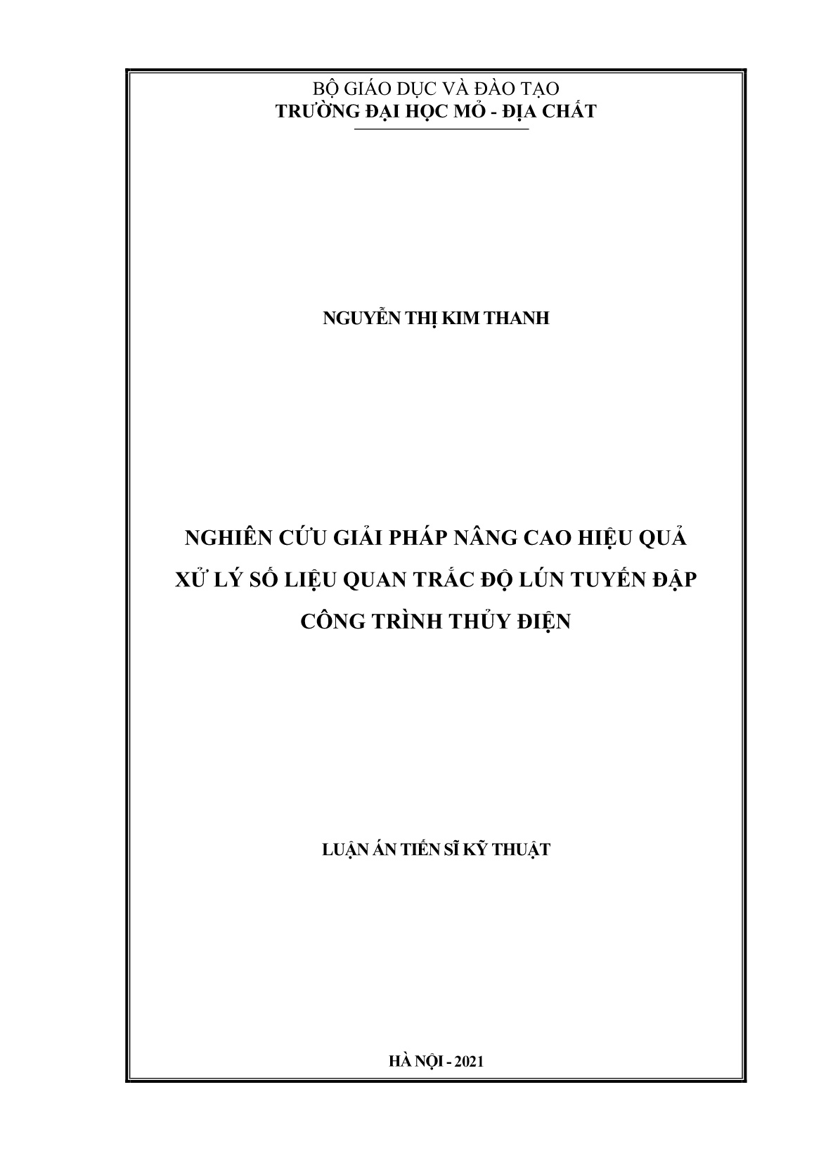 Luận án Nghiên cứu giải pháp nâng cao hiệu quả xử lý số liệu quan trắc độ lún tuyến đập công trình thủy điện trang 1