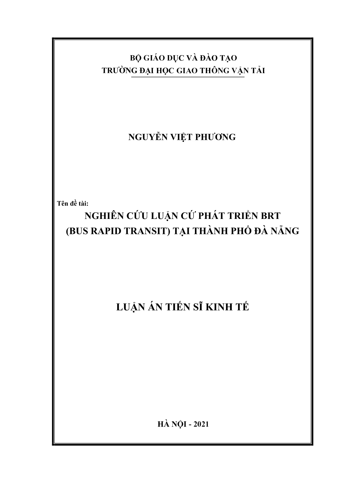 Luận án Nghiên cứu luận cứ phát triển BRT (Bus rapid transit) tại Thành phố Đà Nẵng trang 1