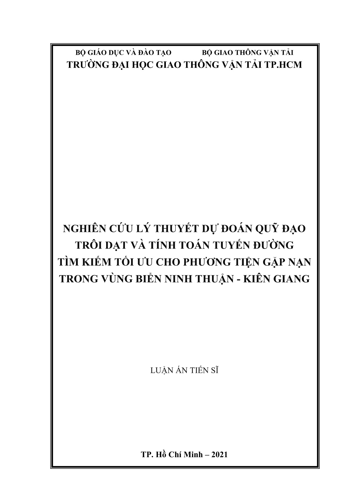 Luận án Nghiên cứu lý thuyết dự đoán quỹ đạo trôi dạt và tính toán tuyến đường tìm kiếm tối ưu cho phương tiện gặp nạn trong vùng biển Ninh Thuận - Kiên Giang trang 1