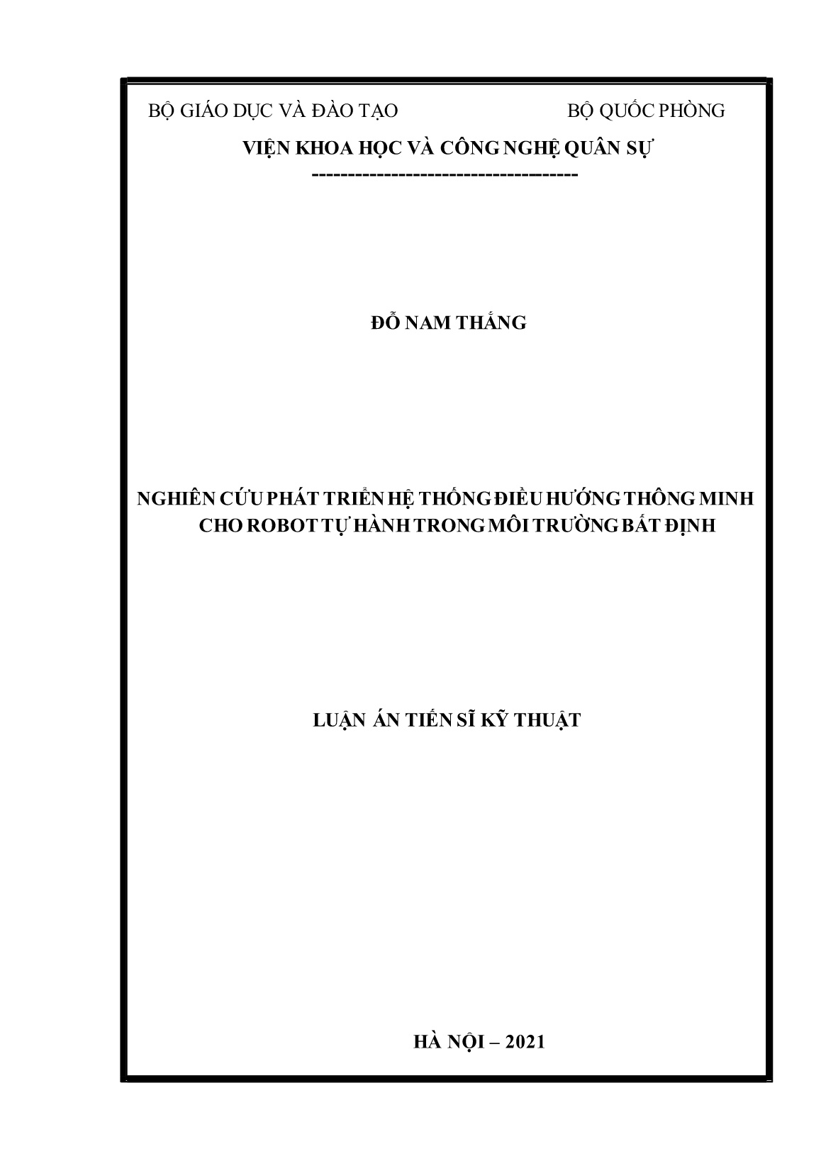 Luận án Nghiên cứu phát triển hệ thống điều hướng thông minh cho robot tự hành trong môi trường bất định trang 1