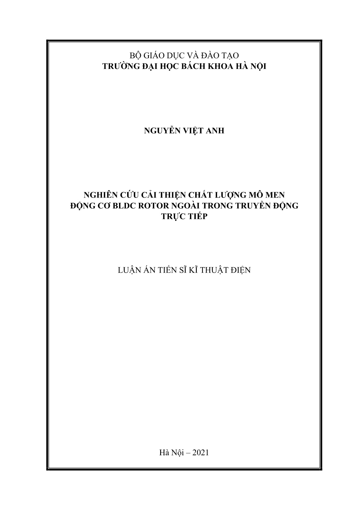 Luận án Nghiên cứu cải thiện chất lượng mô men động cơ BLDC Rotor ngoài trong truyền động trực tiếp trang 1