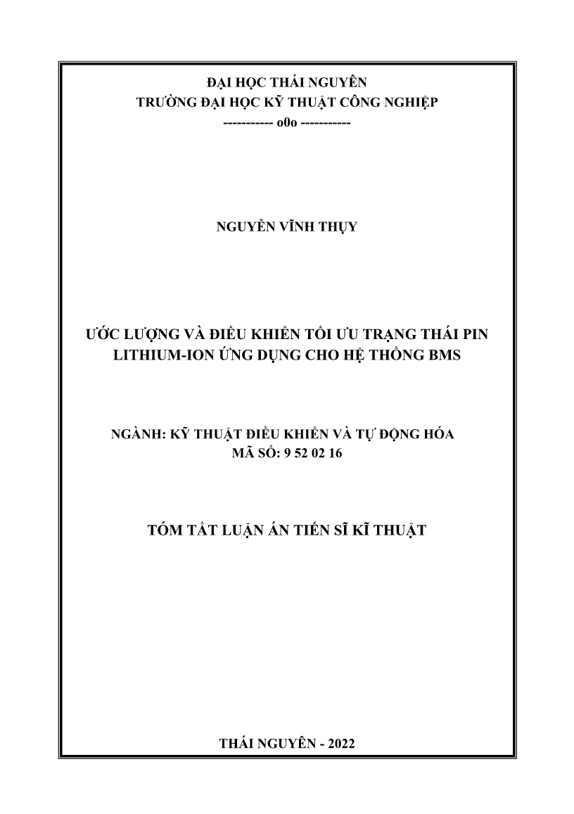 Luận án Ước lượng và điều khiển tối ưu trạng thái pin lithium-ion ứng dụng cho hệ thống bms trang 1