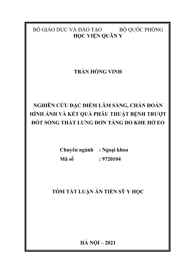 Luận án Nghiên cứu đặc điểm lâm sàng, chẩn đoán hình ảnh và kết quả phẫu thuật bệnh trượt đốt sống thắt lưng đơn tầng do khe hở eo trang 1