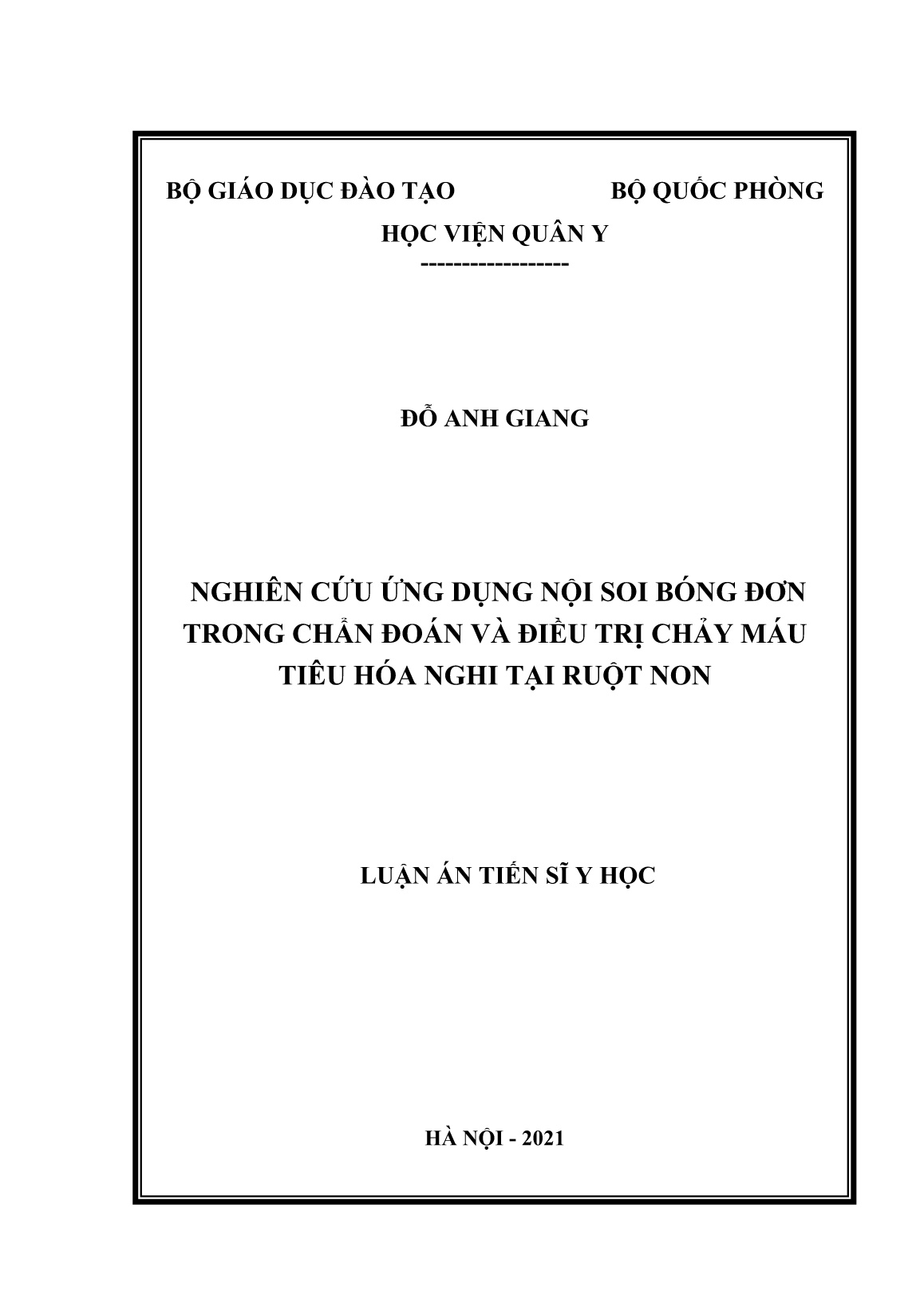 Luận án Nghiên cứu ứng dụng nội soi bóng đơn trong chẩn đoán và điều trị chảy máu tiêu hóa nghi tại ruột non trang 1