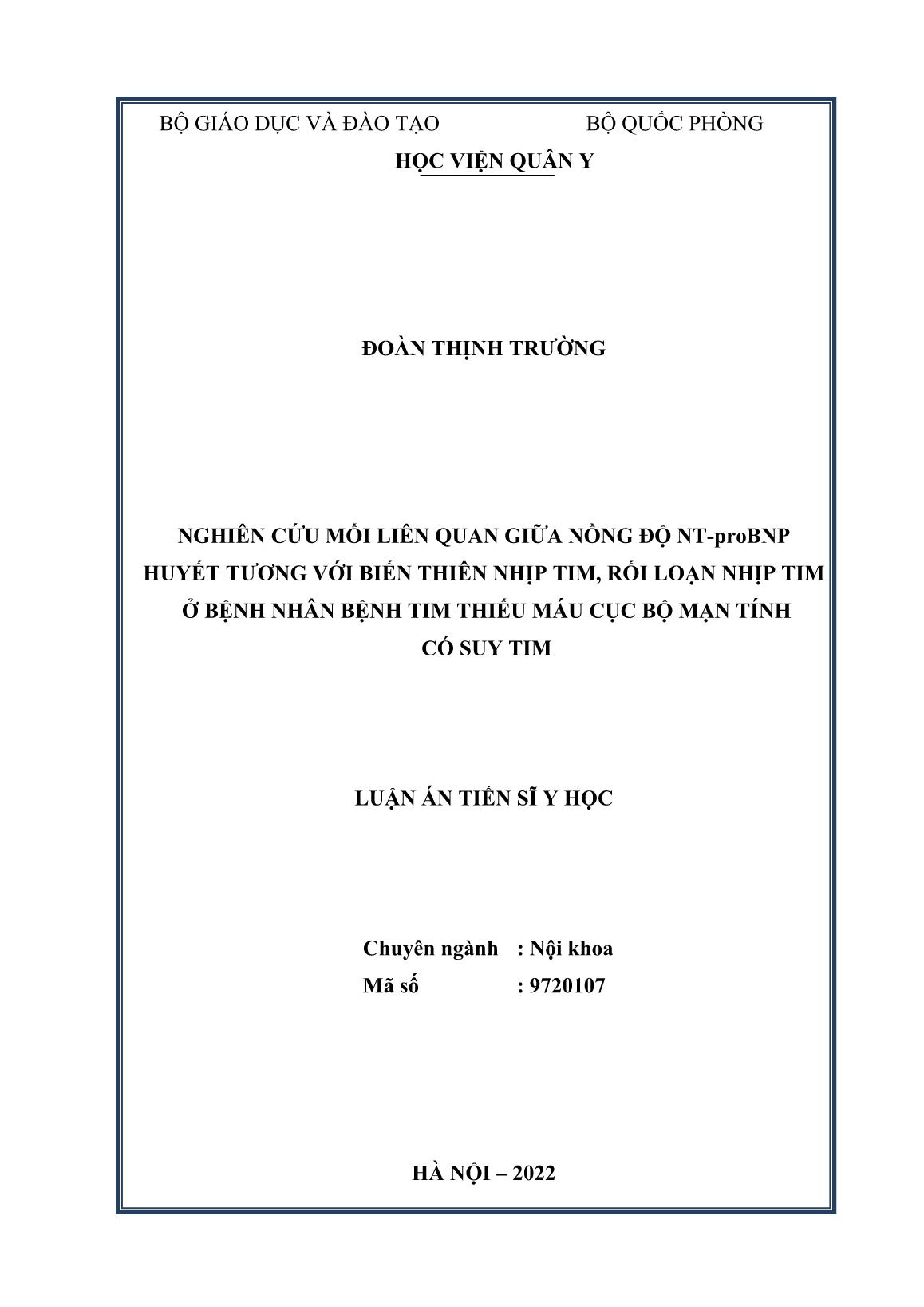 Luận án Nghiên cứu mối liên quan giữa nồng độ NT-proBNP huyết tương với biến thiên nhịp tim, rối loạn nhịp tim ở bệnh nhân bệnh tim thiếu máu cục bộ mạn tính có suy tim trang 1