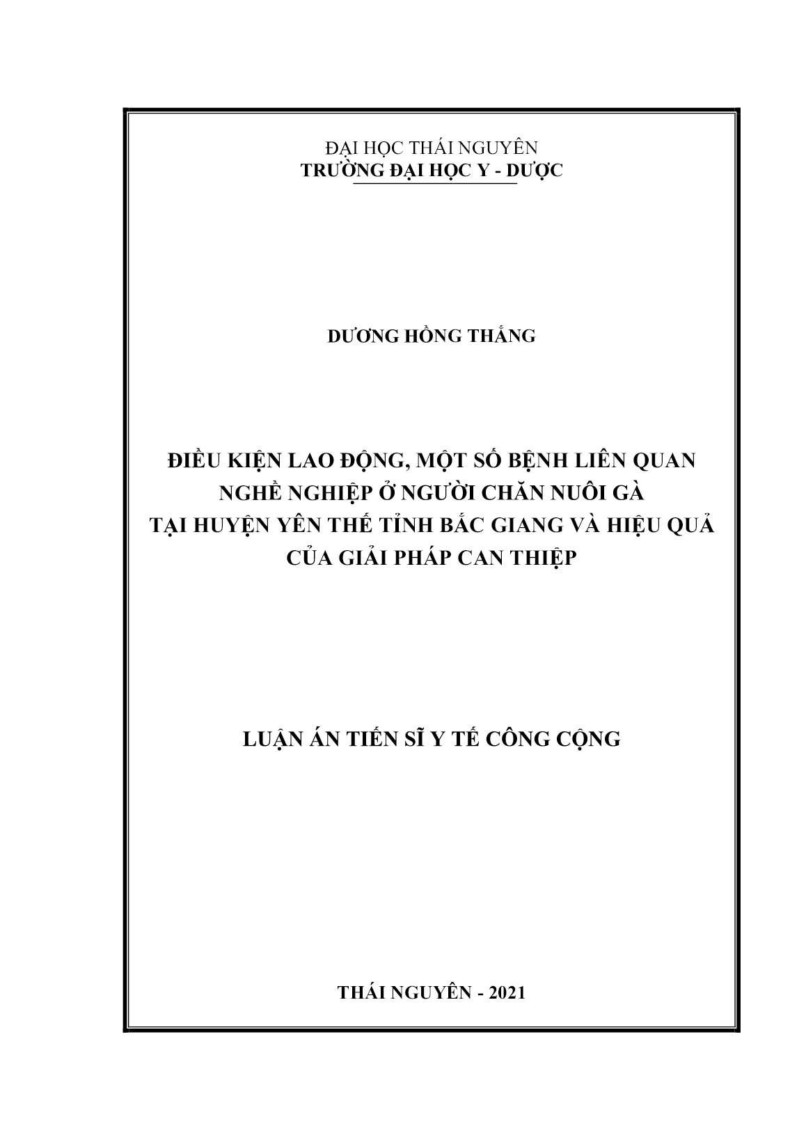 Luận án Điều kiện lao động, một số bệnh liên quan nghề nghiệp ở người chăn nuôi gà tại huyện yên thế tỉnh Bắc Giang và hiệu quả của giải pháp can thiệp trang 1