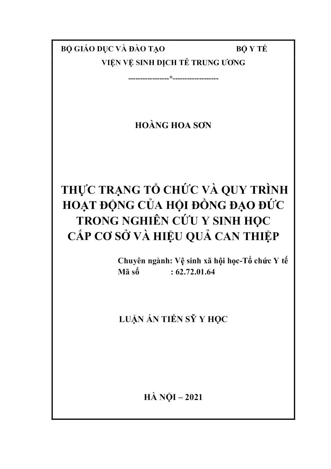 Luận án Thực trạng tổ chức và quy trình hoạt động của hội đồng đạo đức trong nghiên cứu y sinh học cấp cơ sở và hiệu quả can thiệp trang 1