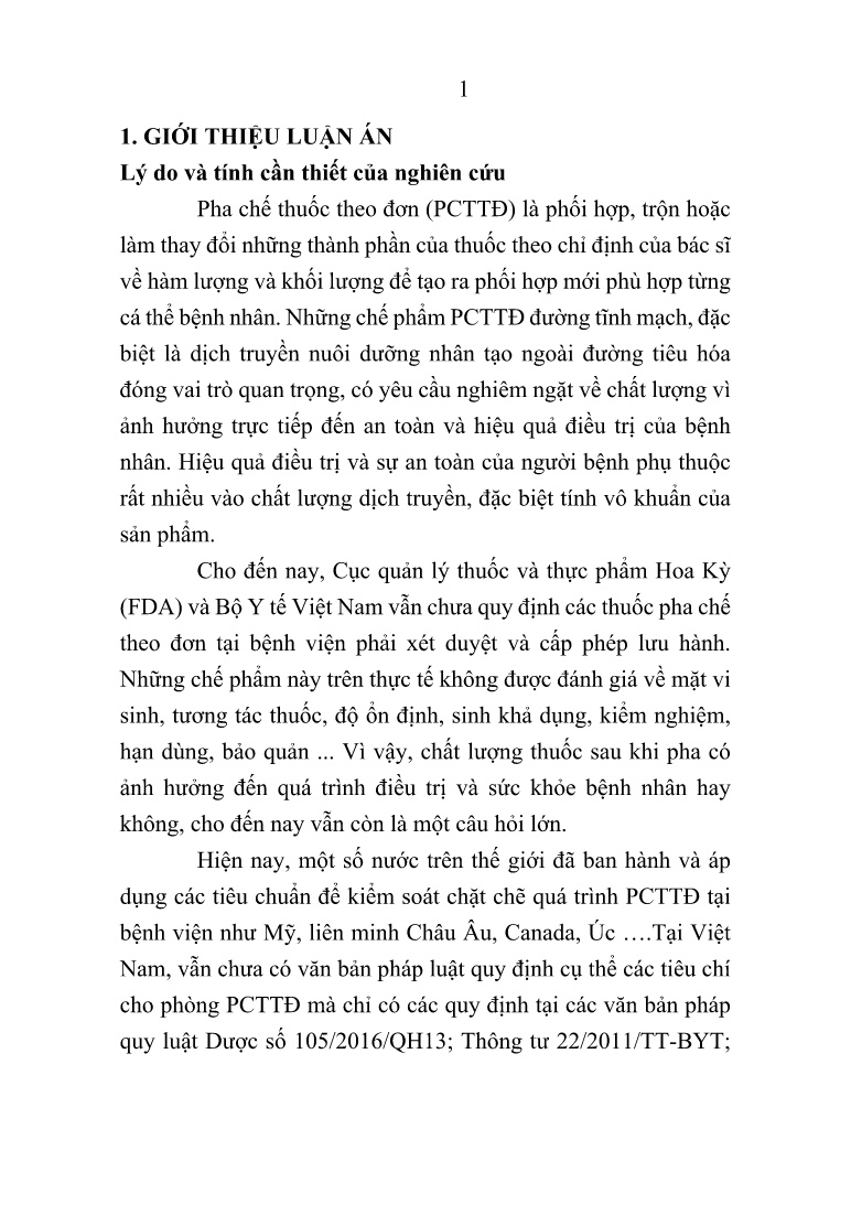 Tóm tắt Luận án Nghiên cứu kiểm soát chất lượng sản phẩm pha chế theo đơn dùng qua đường tĩnh mạch tại Bệnh viện Nhi đồng 2 trang 1