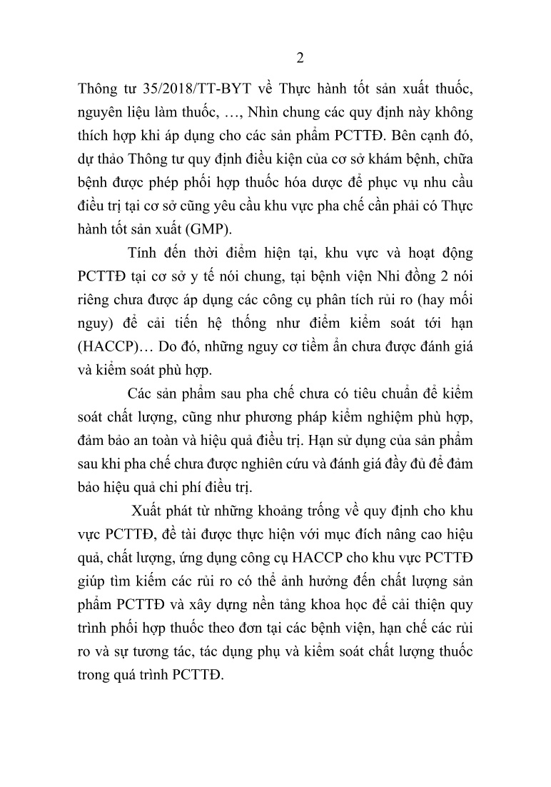 Tóm tắt Luận án Nghiên cứu kiểm soát chất lượng sản phẩm pha chế theo đơn dùng qua đường tĩnh mạch tại Bệnh viện Nhi đồng 2 trang 2