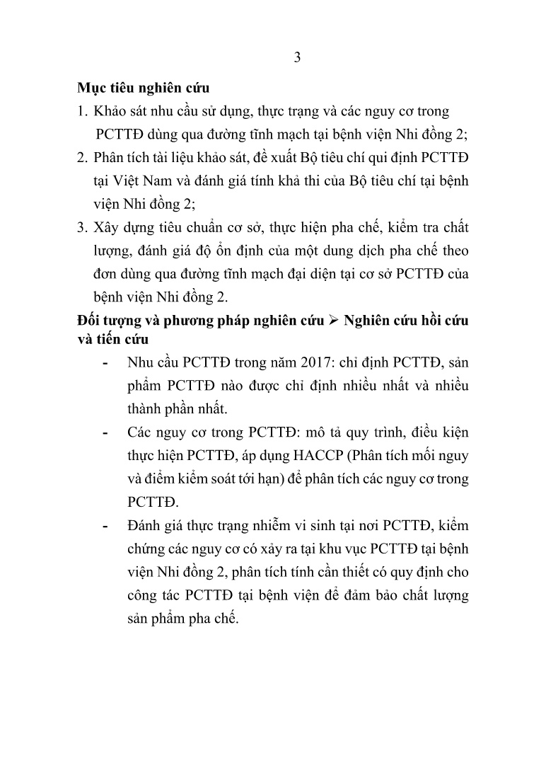 Tóm tắt Luận án Nghiên cứu kiểm soát chất lượng sản phẩm pha chế theo đơn dùng qua đường tĩnh mạch tại Bệnh viện Nhi đồng 2 trang 3