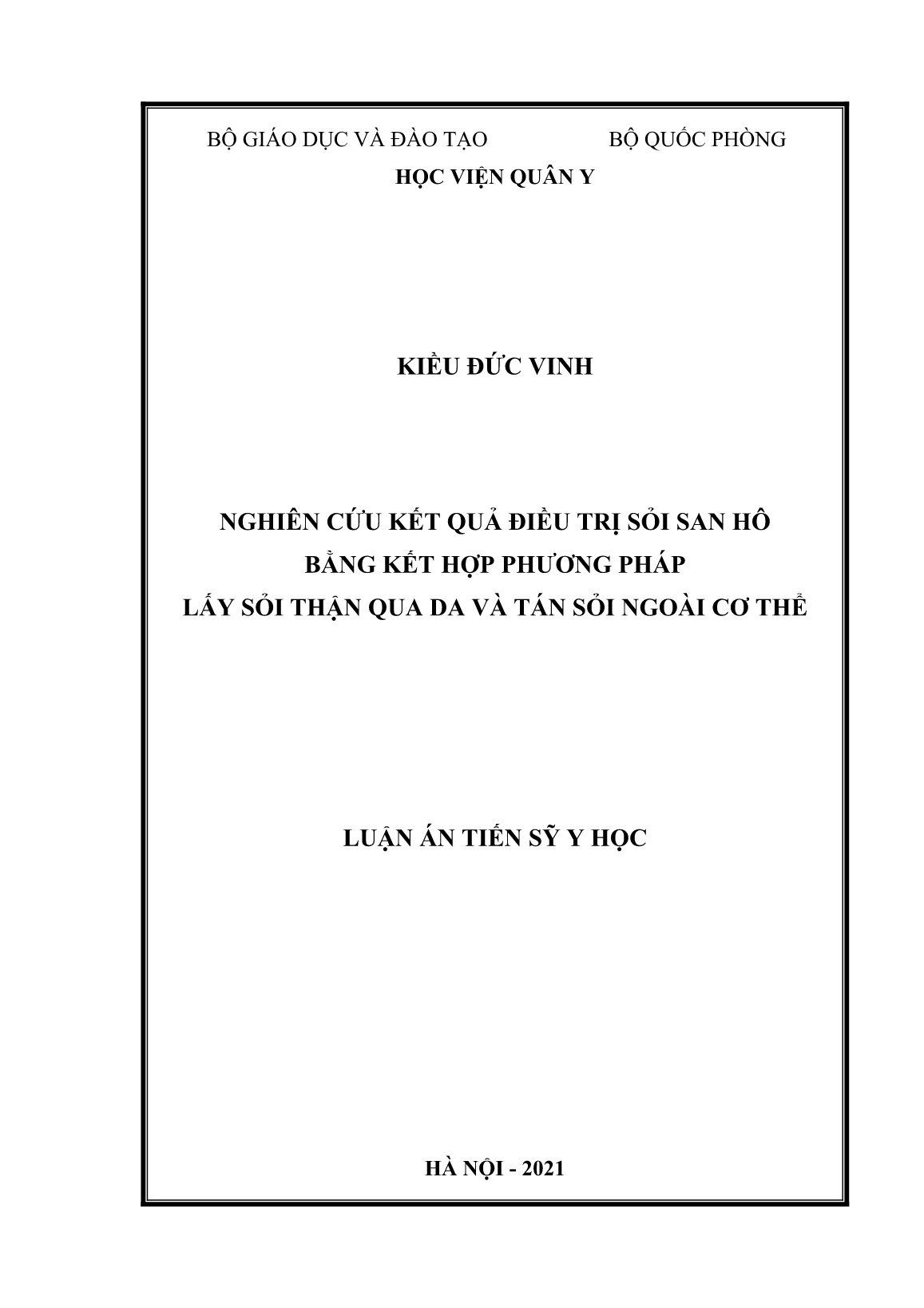 Luận án Nghiên cứu kết quả điều trị sỏi san hô bằng kết hợp phương pháp lấy sỏi thận qua da và tán sỏi ngoài cơ thể trang 1