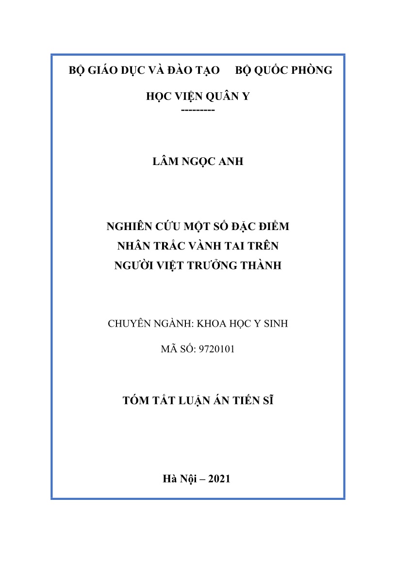 Tóm tắt Luận án Nghiên cứu một số đặc điểm nhân trắc vành tai trên người việt trưởng thành trang 1