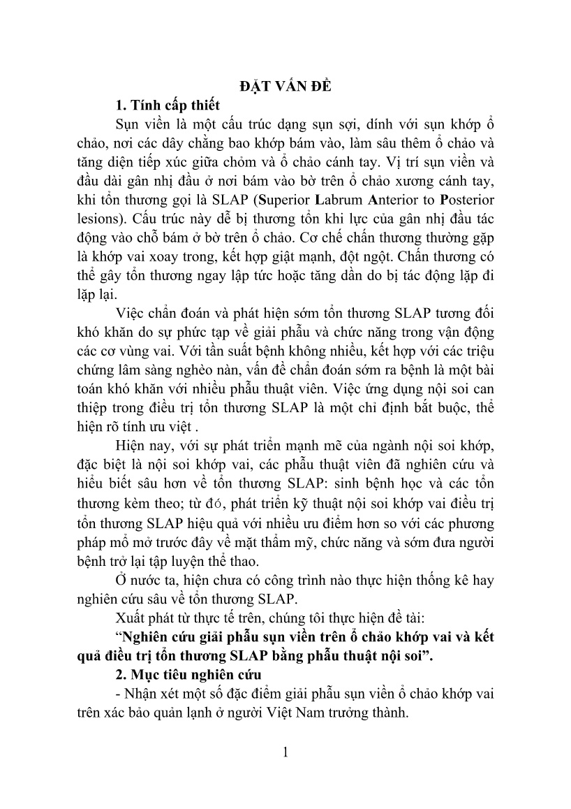 Tóm tắt Luận án Nghiên cứu giải phẫu sụn viền trên ổ chảo khớp vai và kết quả điều trị tổn thương slap bằng phẫu thuật nội soi trang 1