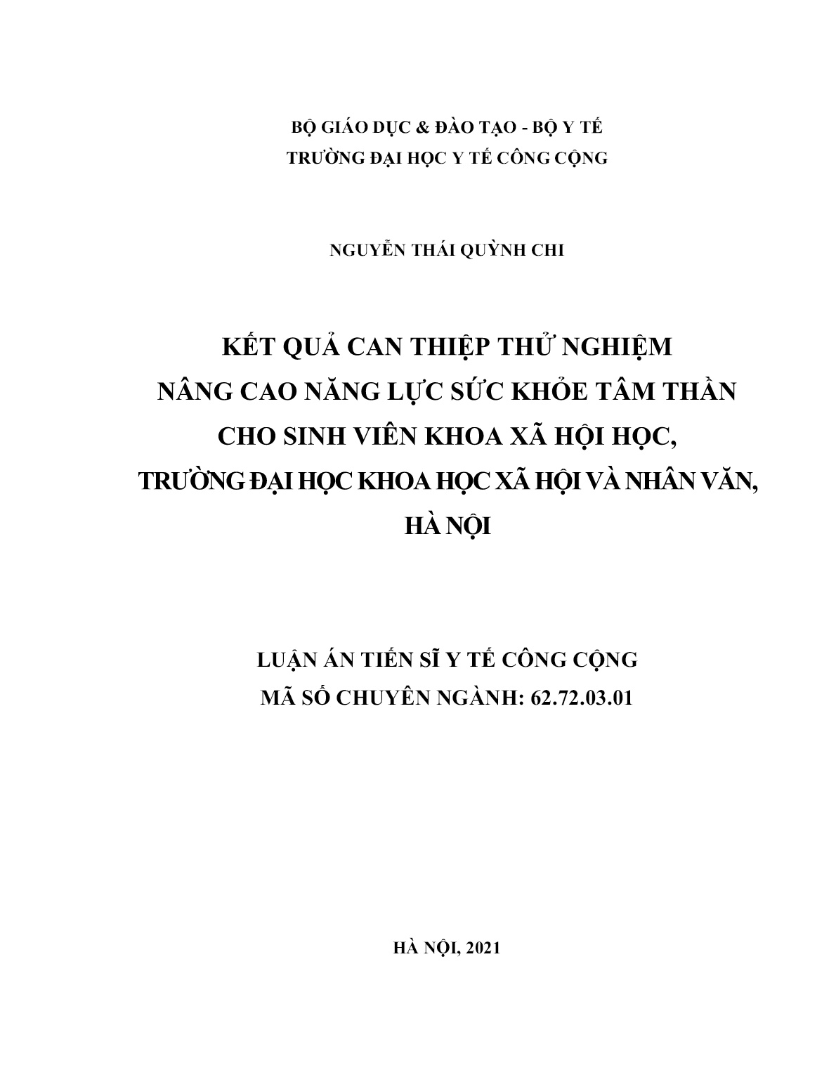 Luận án Kết quả can thiệp thử nghiệm nâng cao năng lực sức khỏe tâm thần cho sinh viên khoa xã hội học, trường đại học khoa học xã hội và nhân văn, Hà Nội trang 1