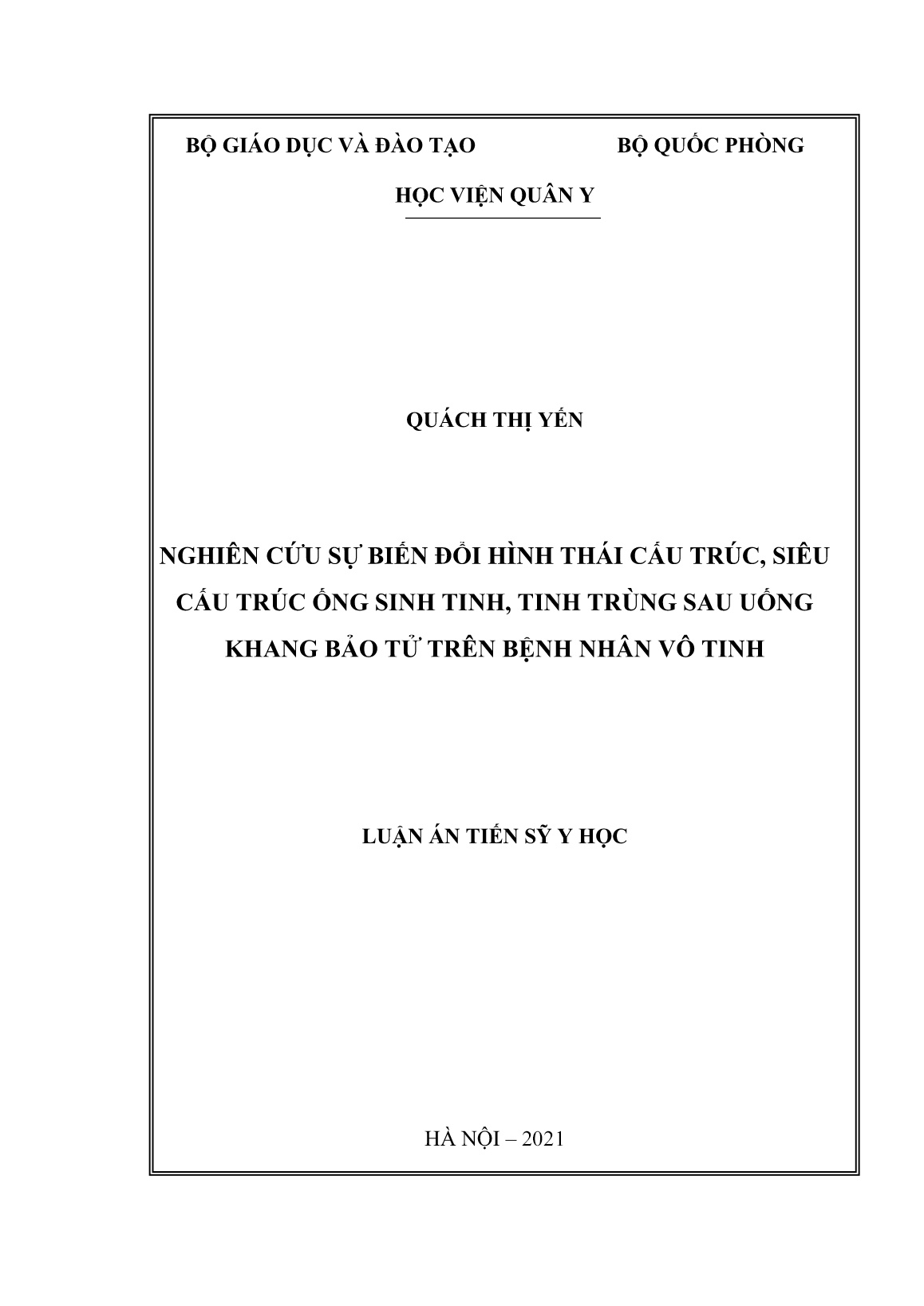 Luận án Nghiên cứu sự biến đổi hình thái cấu trúc, siêu cấu trúc ống sinh tinh, tinh trùng sau uống khang bảo tử trên bệnh nhân vô tinh trang 1