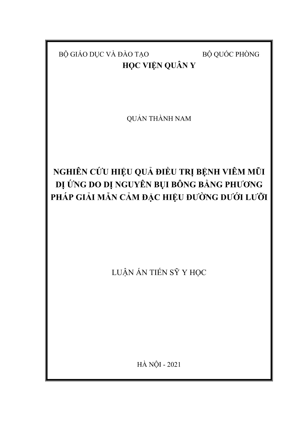 Luận án Nghiên cứu hiệu quả điều trị bệnh viêm mũi dị ứng do dị nguyên bụi bông bằng phương pháp giải mẫn cảm đặc hiệu đường dưới lưỡi trang 1