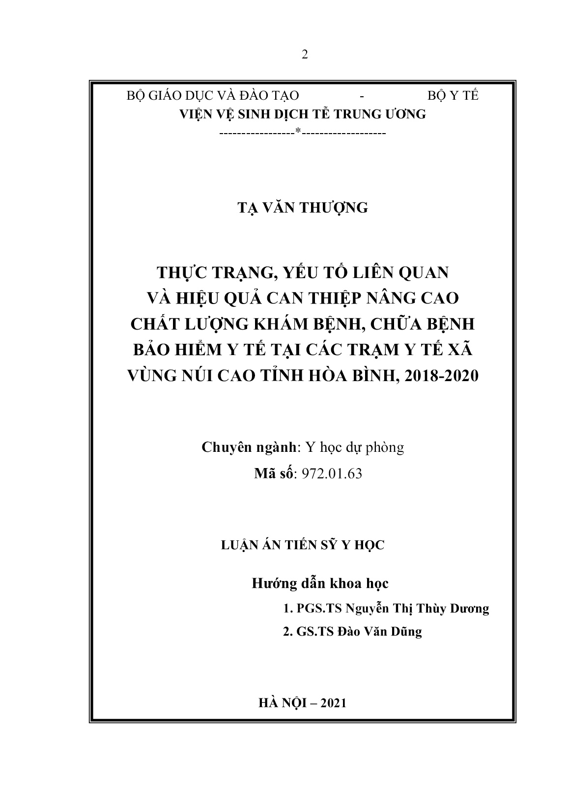 Luận án Thực trạng, yếu tố liên quan và hiệu quả can thiệp nâng cao chất lượng khám bệnh, chữa bệnh bảo hiểm y tế tại các trạm y tế xã vùng núi cao tỉnh Hòa Bình, 2018-2020 trang 2