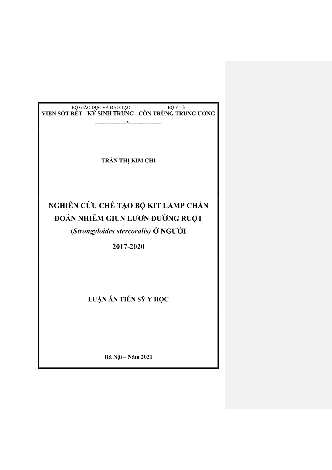 Luận án Nghiên cứu chế tạo bộ Kit Lamp chẩn đoán nhiễm giun lươn đường ruột (Strongyloides stercoralis) ở người 2017-2020 trang 1
