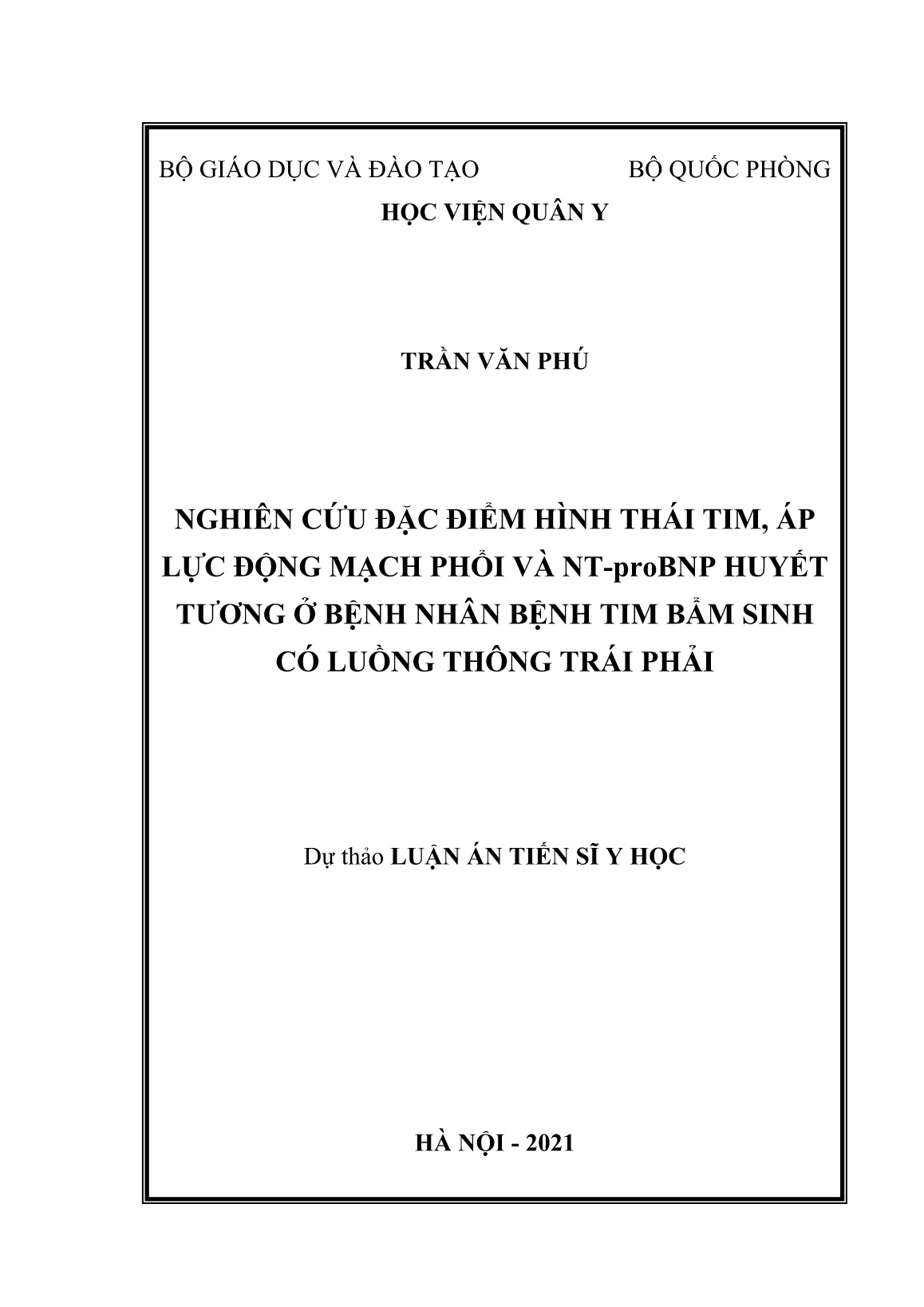 Luận án Nghiên cứu đặc điểm hình thái tim, áp lực động mạch phổi và NT-Probnp huyết tương ở bệnh nhân bệnh tim bẩm sinh có luồng thông trái phải trang 1