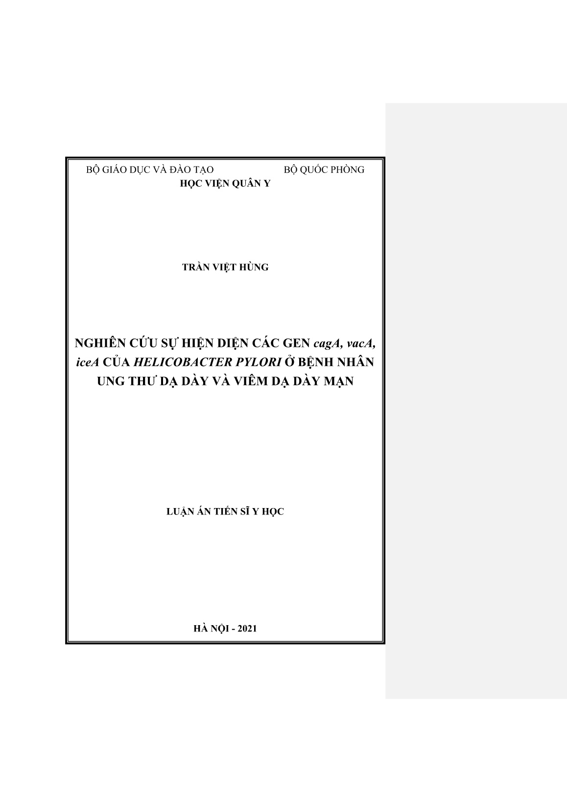 Luận án Nghiên cứu sự hiện diện các Gen cagA, vacA, iceA của Helicobacter Pylori ở bệnh nhân ung thư dạ dày và viêm dạ dày mạn trang 1