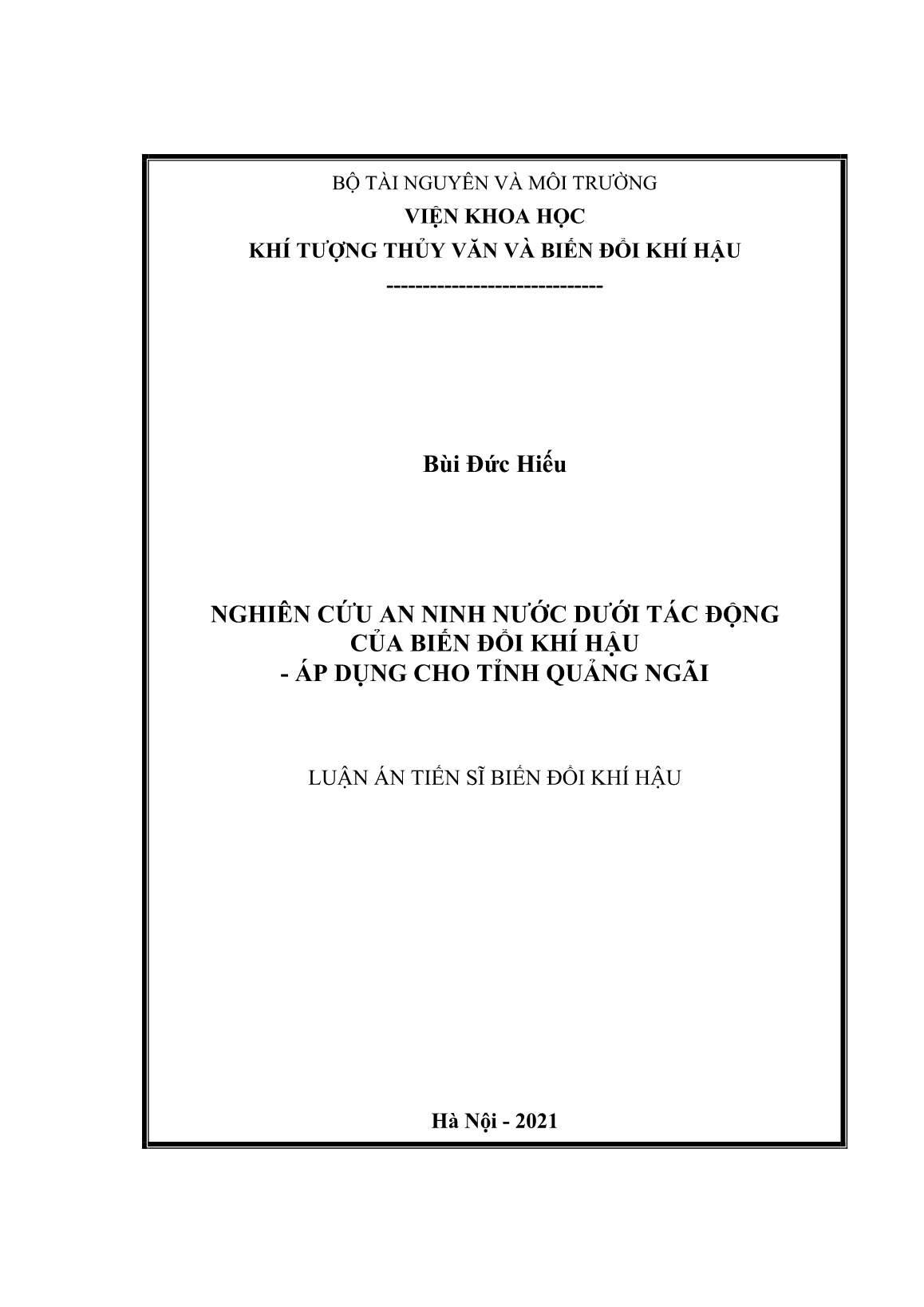 Luận án Nghiên cứu an ninh nước dưới tác động của biến đổi khí hậu - áp dụng cho tỉnh Quảng Ngãi trang 1