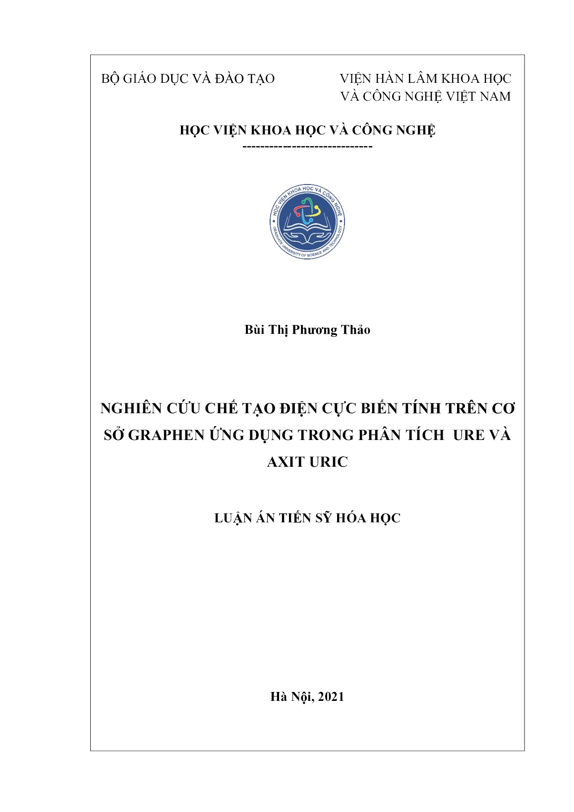 Luận án Nghiên cứu chế tạo điện cực biến tính trên cơ sở Graphen ứng dụng trong phân tích ure và axit uric trang 1