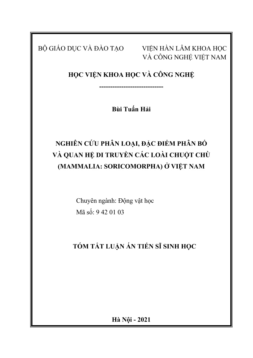 Tóm tắt Luận án Nghiên cứu phân loại, đặc điểm phân bố và quan hệ di truyền các loài chuột chù (Mammalia: Soricomorpha) ở Việt Nam trang 1