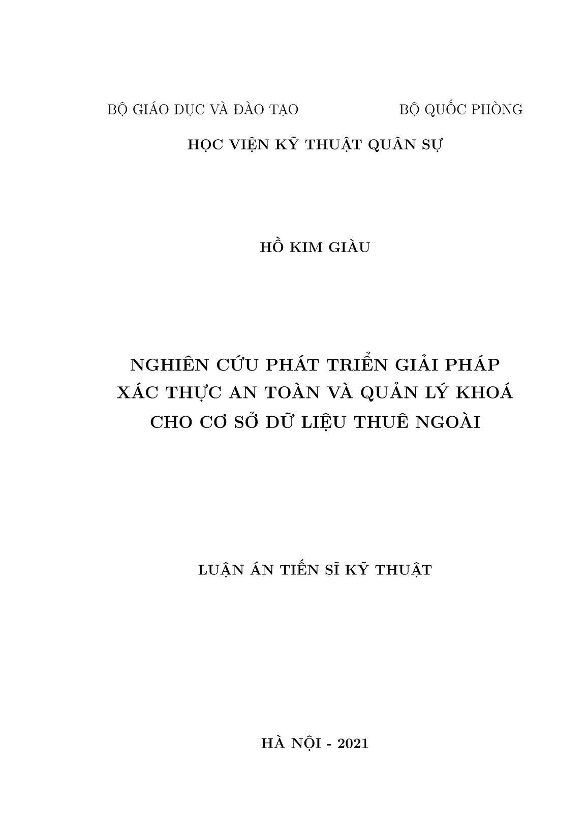 Luận án Nghiên cứu phát triển giải pháp xác thực an toàn và quản lý khoá cho cơ sở dữ liệu thuê ngoài trang 1