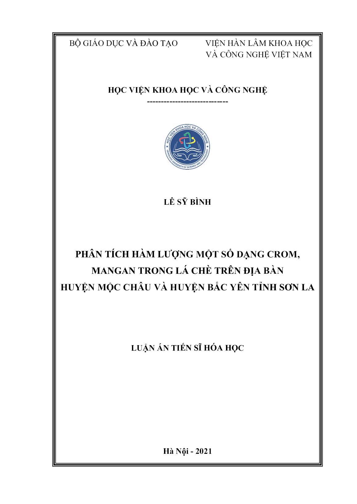 Luận án Phân tích hàm lượng một số dạng crom, mangan trong lá chè trên địa bàn huyện Mộc Châu và huyện bắc yên tỉnh Sơn La trang 1