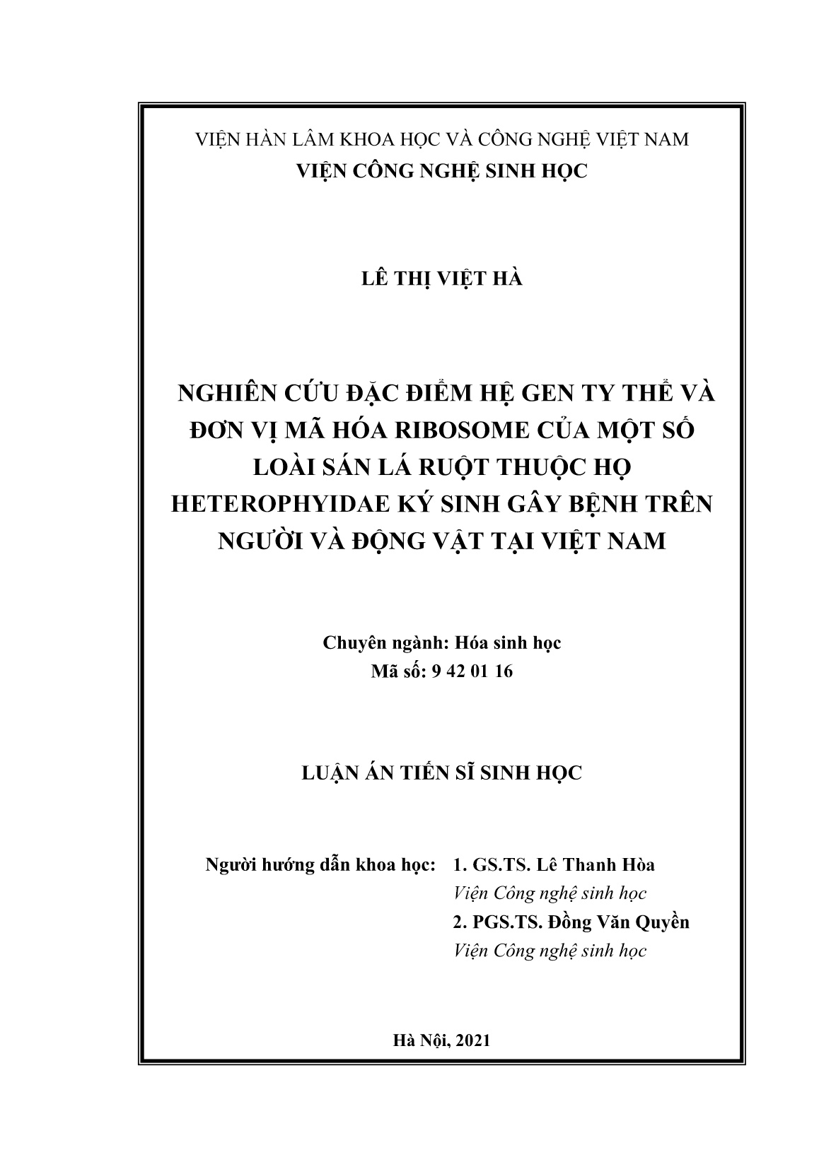 Luận án Nghiên cứu đặc điểm hệ gen TY thể và đơn vị mã hóa ribosome của một số loài sán lá ruột thuộc họ Heterophyidae ký sinh gây bệnh trên người và động vật tại Việt Nam trang 2