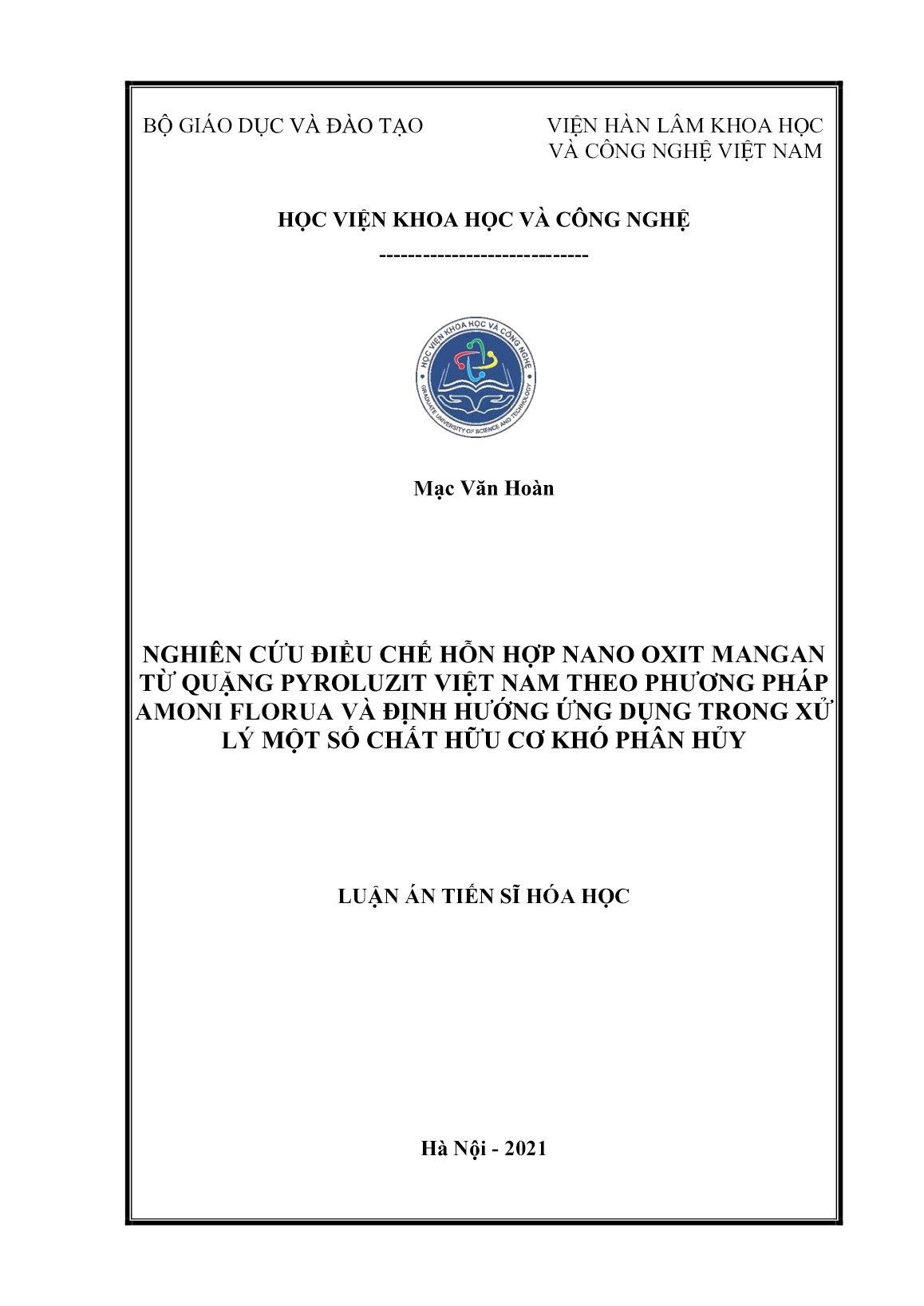 Luận án Nghiên cứu điều chế hỗn hợp nano oxit mangan từ quặng pyroluzit Việt Nam theo phương pháp amoni florua và định hướng ứng dụng trong xử lý một số chất hữu cơ khó phân hủy trang 1