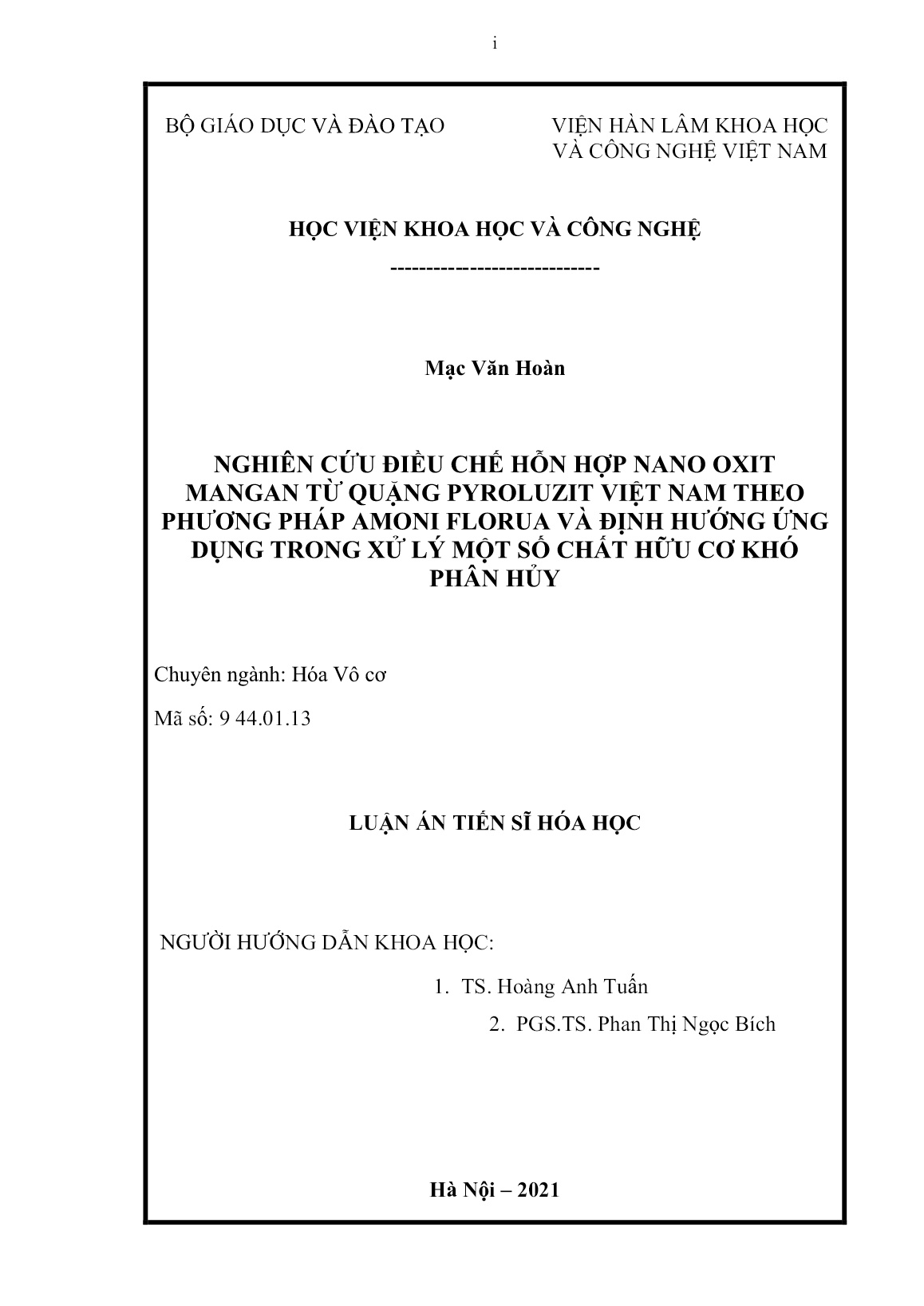 Luận án Nghiên cứu điều chế hỗn hợp nano oxit mangan từ quặng pyroluzit Việt Nam theo phương pháp amoni florua và định hướng ứng dụng trong xử lý một số chất hữu cơ khó phân hủy trang 2