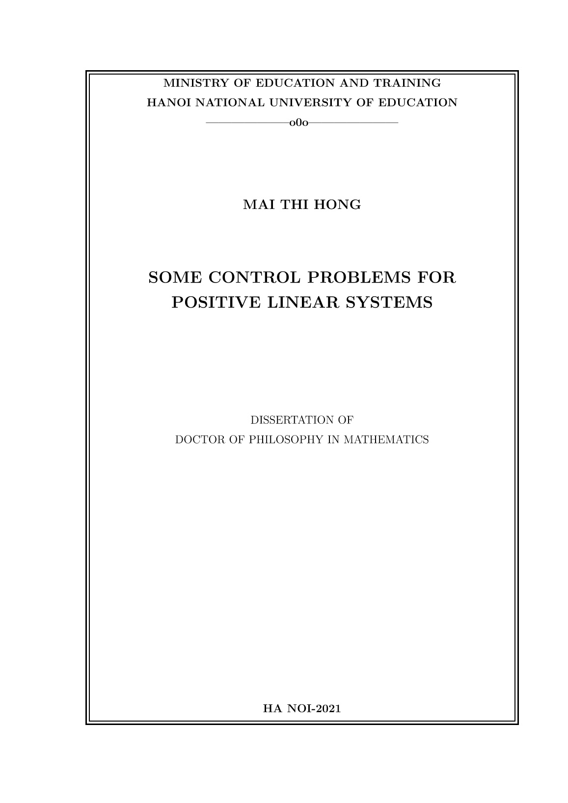 Luận án Bài toán điều khiển đối với một số lớp hệ tuyến tính dương trang 1