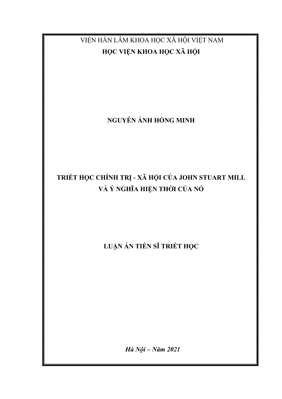 Luận án Triết học chính trị - Xã hội của John Stuart Mill và ý nghĩa hiện thời của nó trang 1