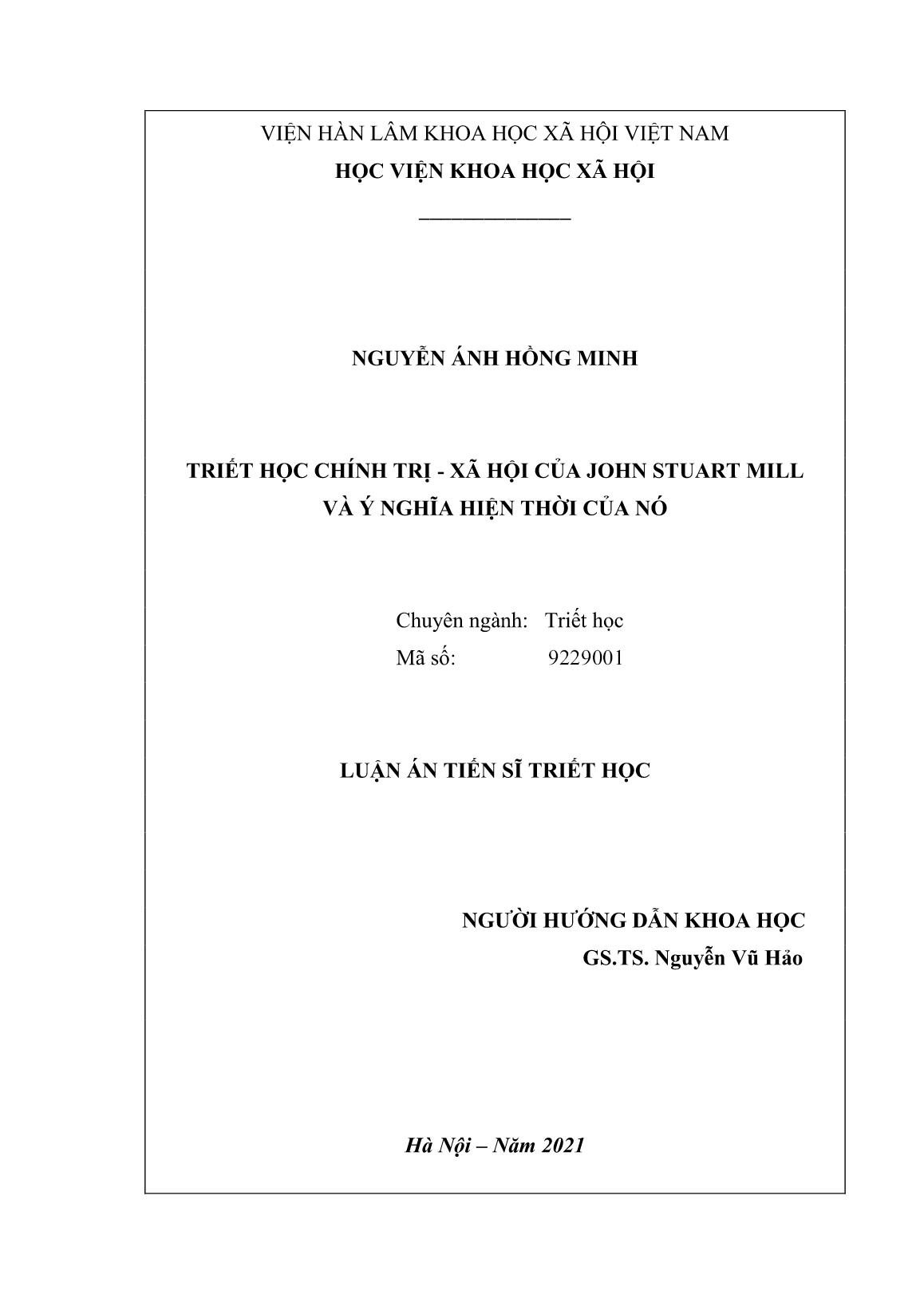 Luận án Triết học chính trị - Xã hội của John Stuart Mill và ý nghĩa hiện thời của nó trang 2