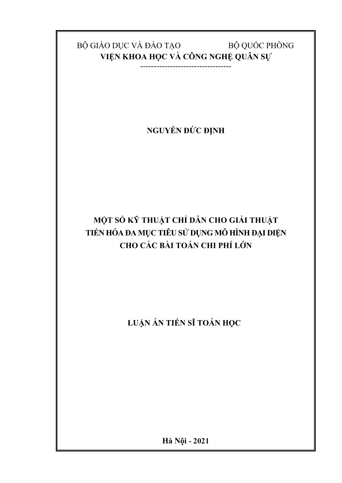 Luận án Một số kỹ thuật chỉ dẫn cho giải thuật tiến hóa đa mục tiêu sử dụng mô hình đại diện cho các bài toán chi phí lớn trang 1