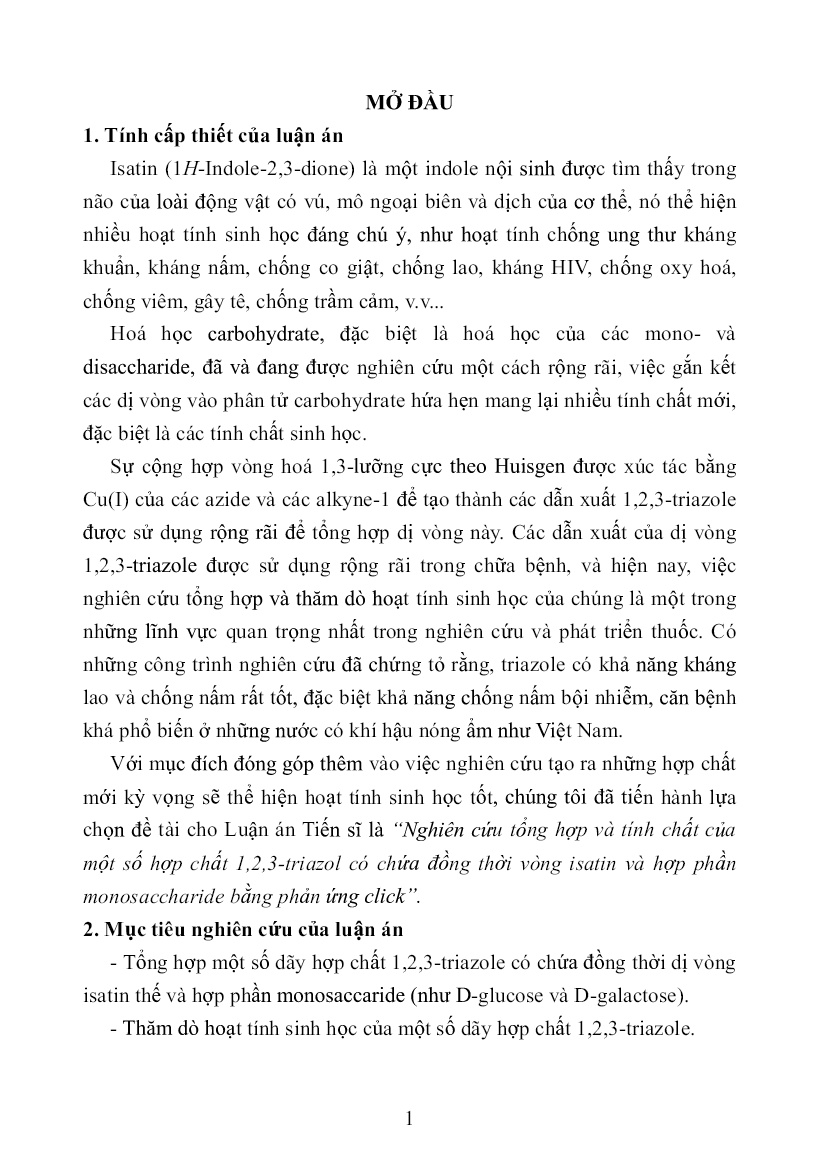 Tóm tắt Luận án Nghiên cứu tổng hợp và tính chất của một số hợp chất 1,2,3-Triazole có chứa đồng thời vòng isatin và hợp phần monosaccharide bằng phản ứng click trang 3