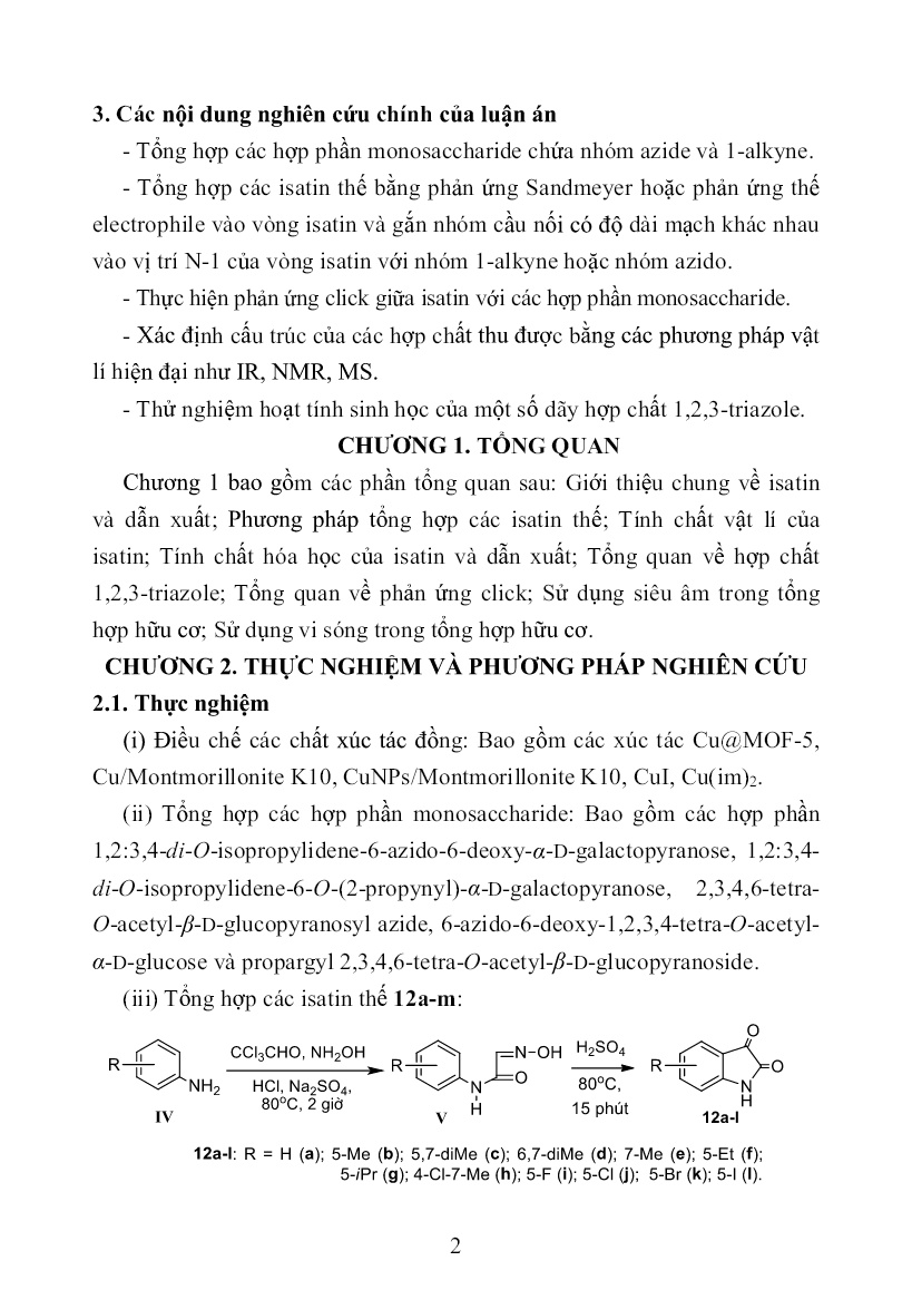 Tóm tắt Luận án Nghiên cứu tổng hợp và tính chất của một số hợp chất 1,2,3-Triazole có chứa đồng thời vòng isatin và hợp phần monosaccharide bằng phản ứng click trang 4