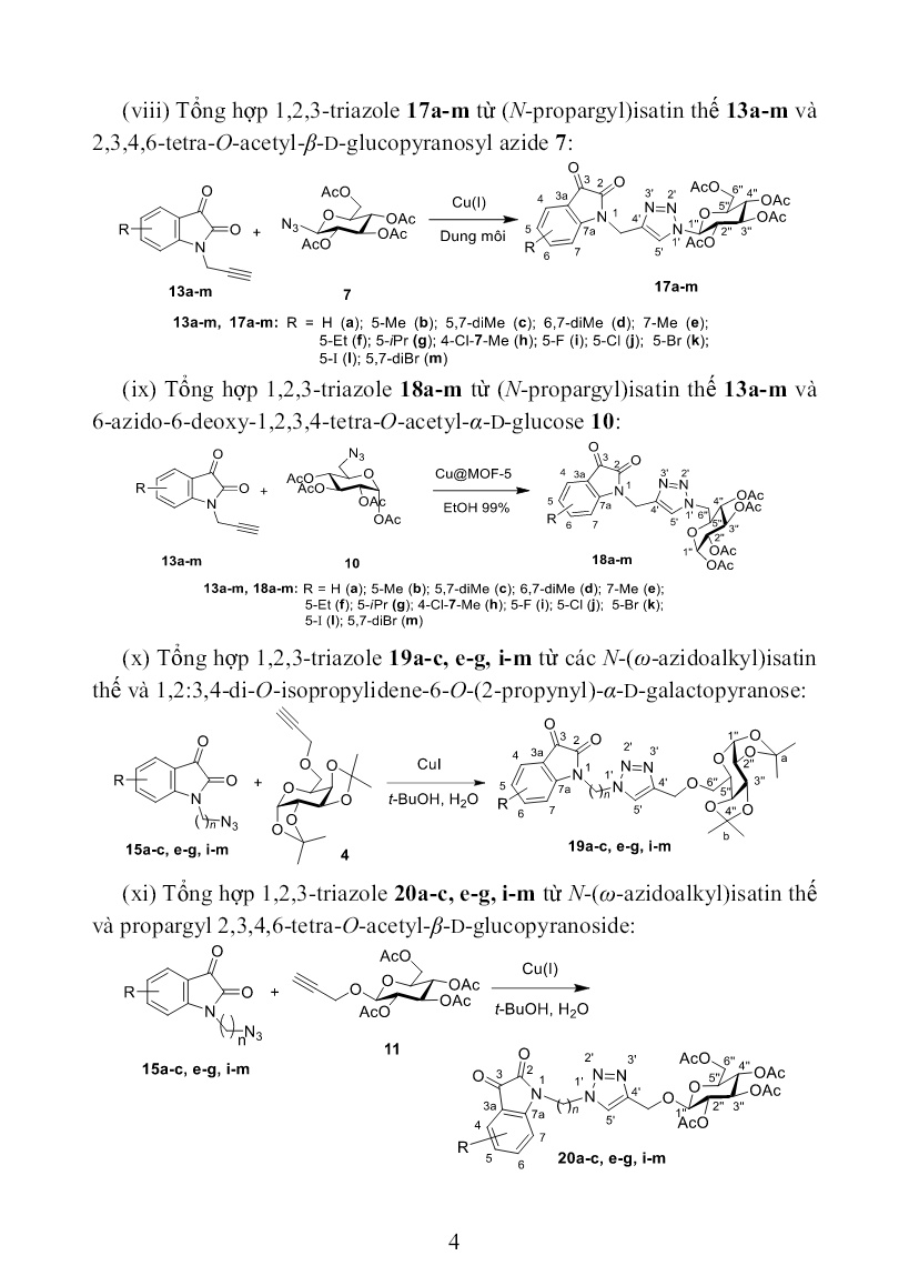 Tóm tắt Luận án Nghiên cứu tổng hợp và tính chất của một số hợp chất 1,2,3-Triazole có chứa đồng thời vòng isatin và hợp phần monosaccharide bằng phản ứng click trang 6
