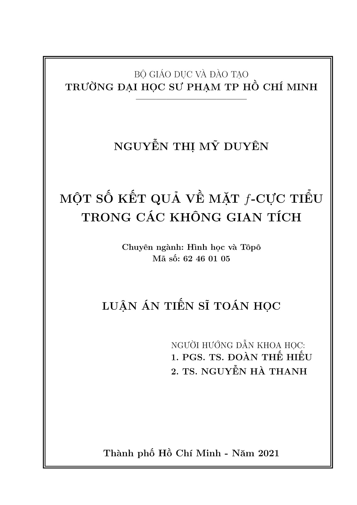 Luận án Một số kết quả về mặt f-cực tiểu trong các không gian tích trang 2