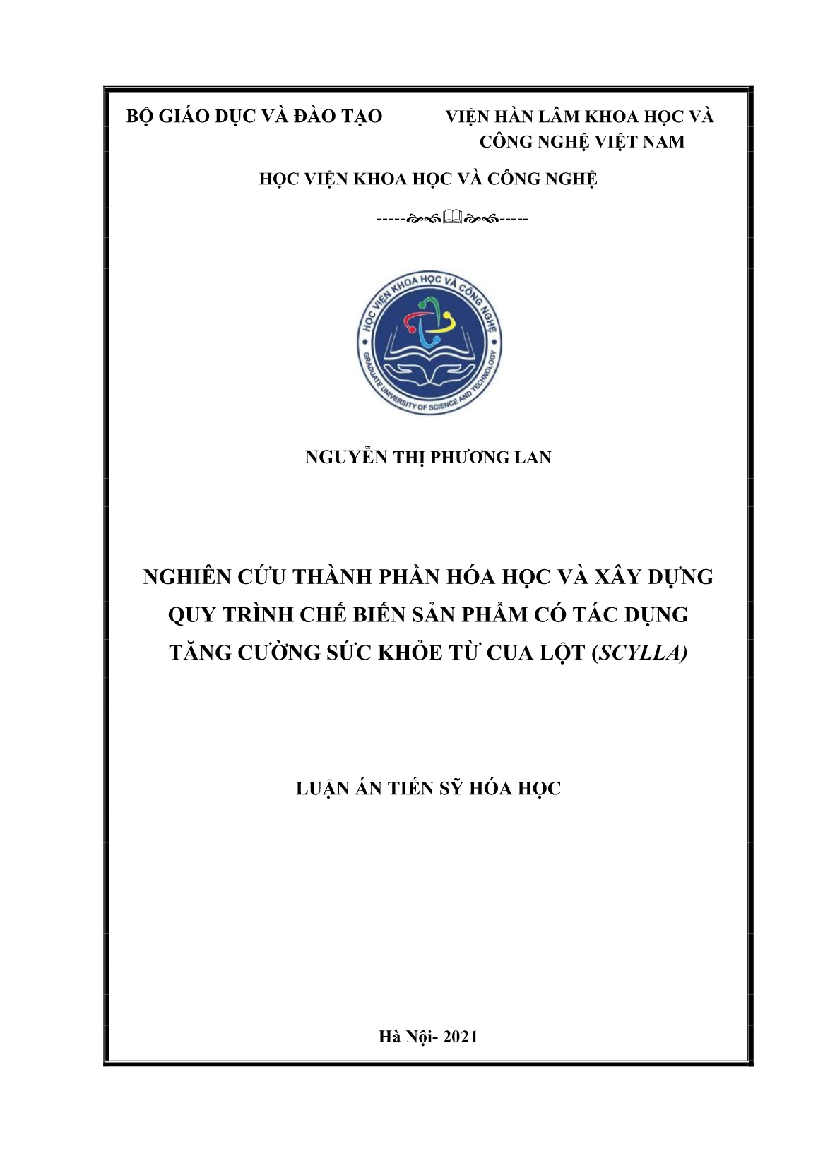 Luận án Nghiên cứu thành phần hóa học và xây dựng quy trình chế biến sản phẩm có tác dụng tăng cường sức khỏe từ cua lột (Scylla) trang 1