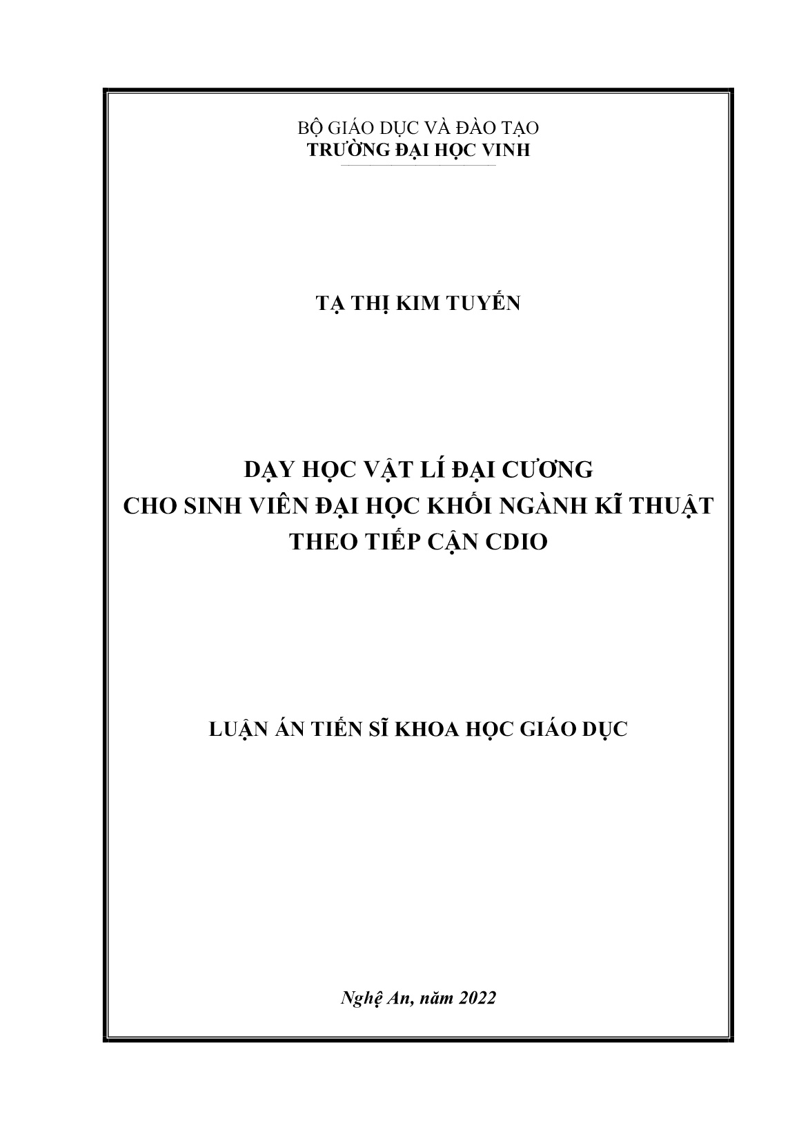 Luận án Dạy học vật lí đại cương cho sinh viên đại học khối ngành kĩ thuật theo tiếp cận CDIO trang 1