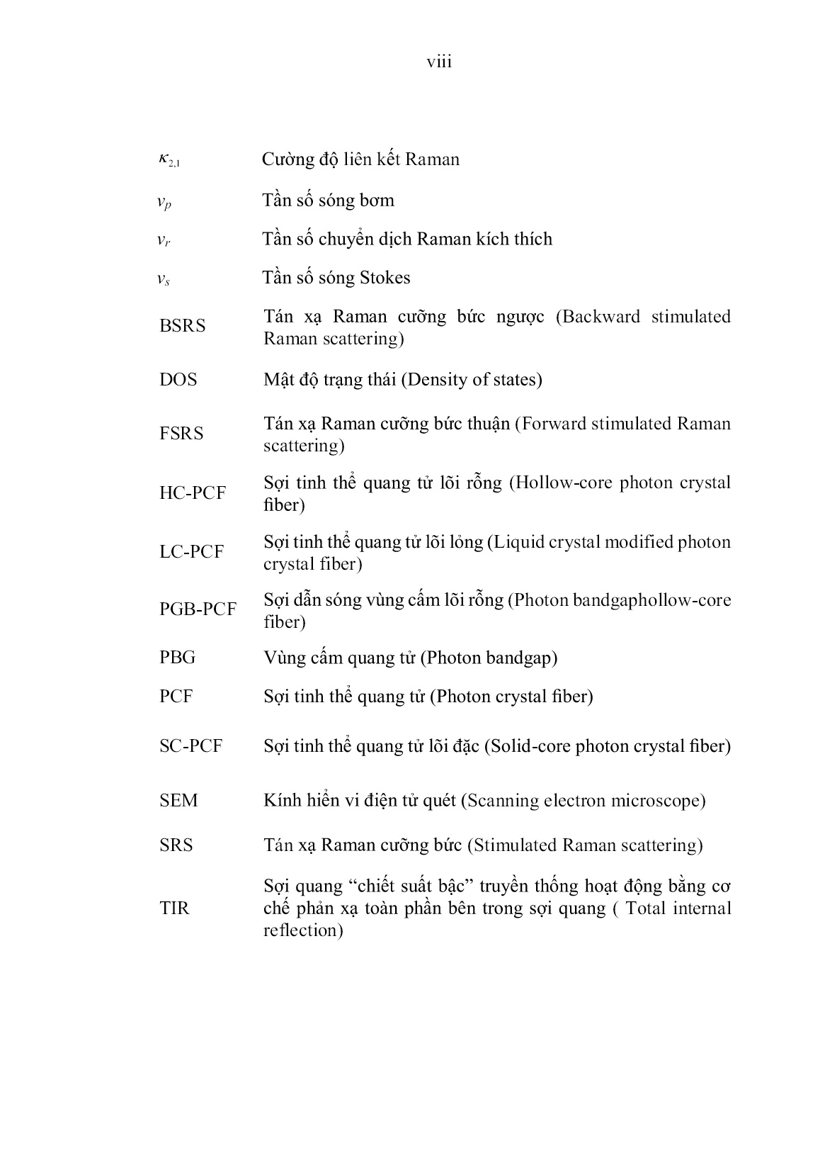 Luận án Nghiên cứu tương tác tán xạ Raman cưỡng bức trong môi trường phi tuyến chứa trong sợi tinh thể quang tử lõi rỗng trang 10